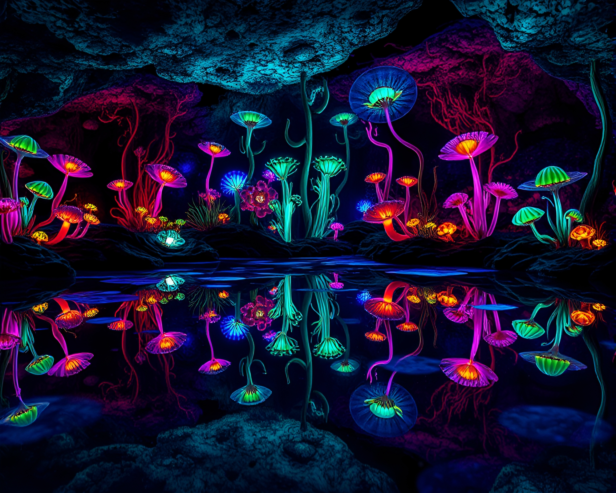 Mesmerizing Bioluminescent Subterranean World Reflected on Mirrored Horizon – free AI stock image