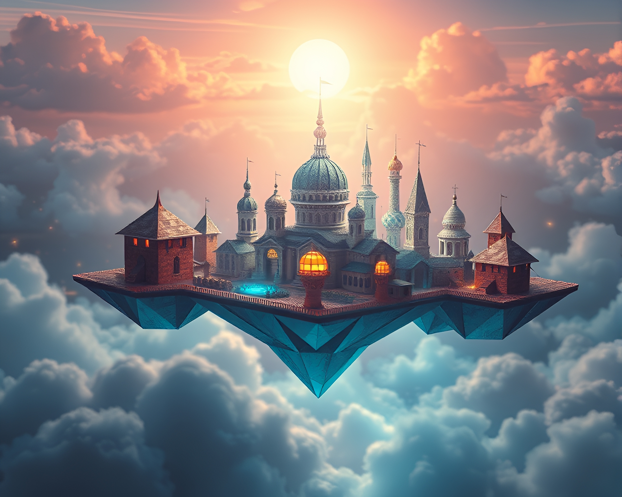 Mystical Origami City Floating in Glitch Art Style – free AI stock image