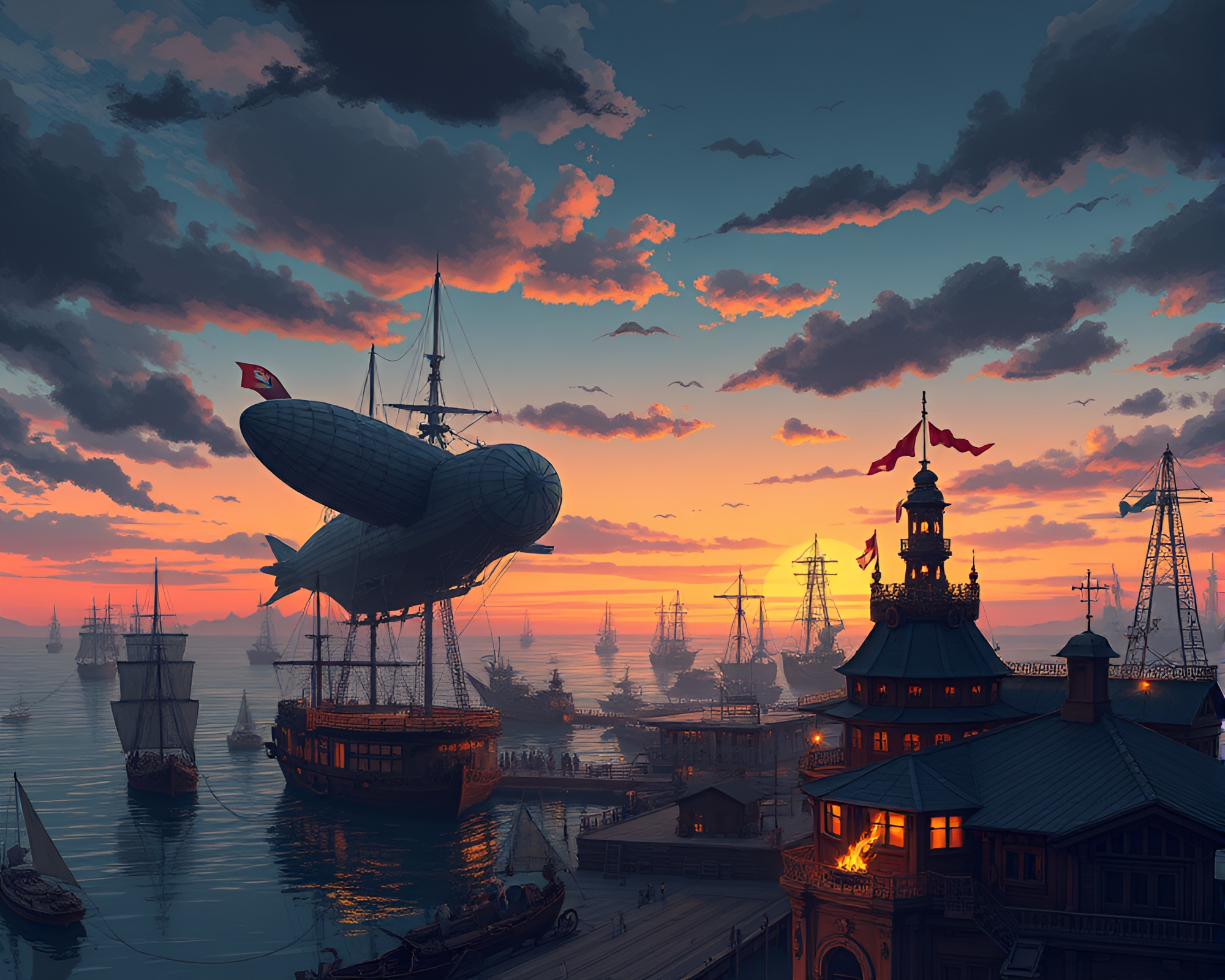Twilight at Steampunk Airship Port Illustration – free AI stock image