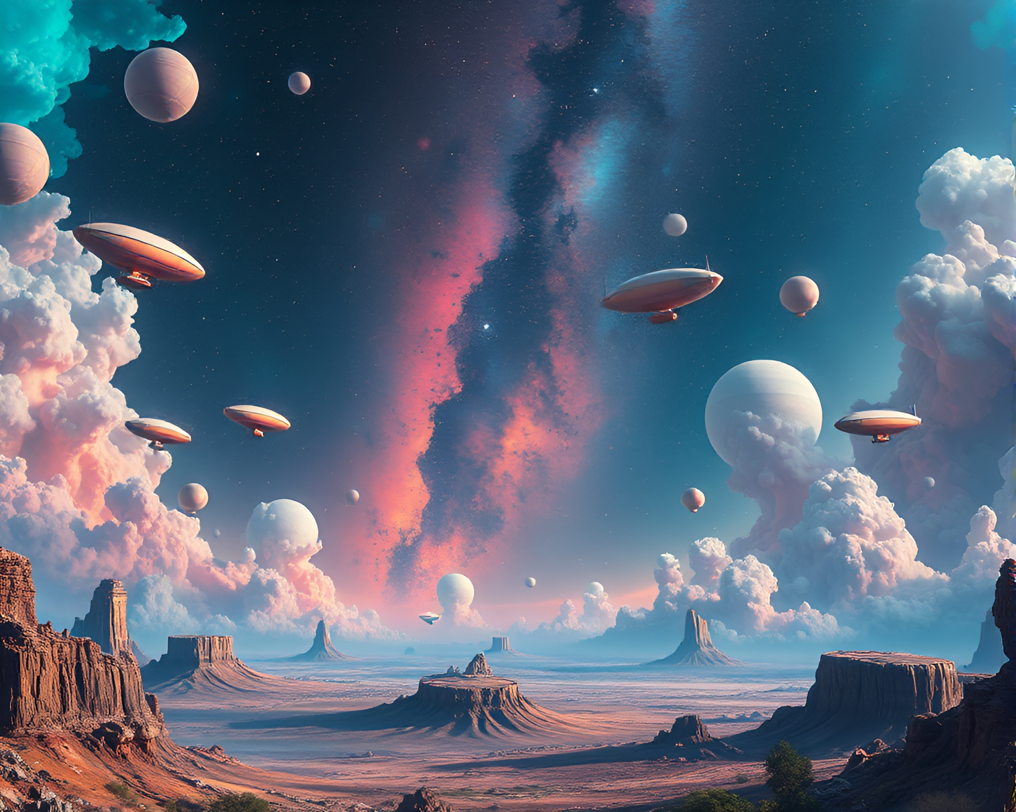 Surreal Cosmic Landscape with Zeppelin Graveyard – free AI stock image