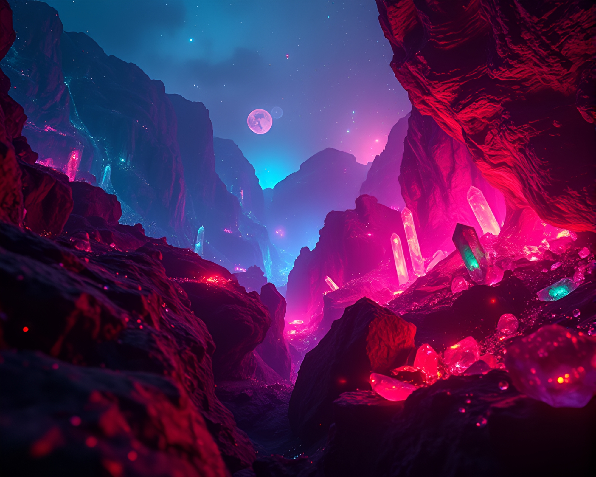 Glowing Obsidian Canyon Illuminated by Vibrant Neon Lights – free AI stock image