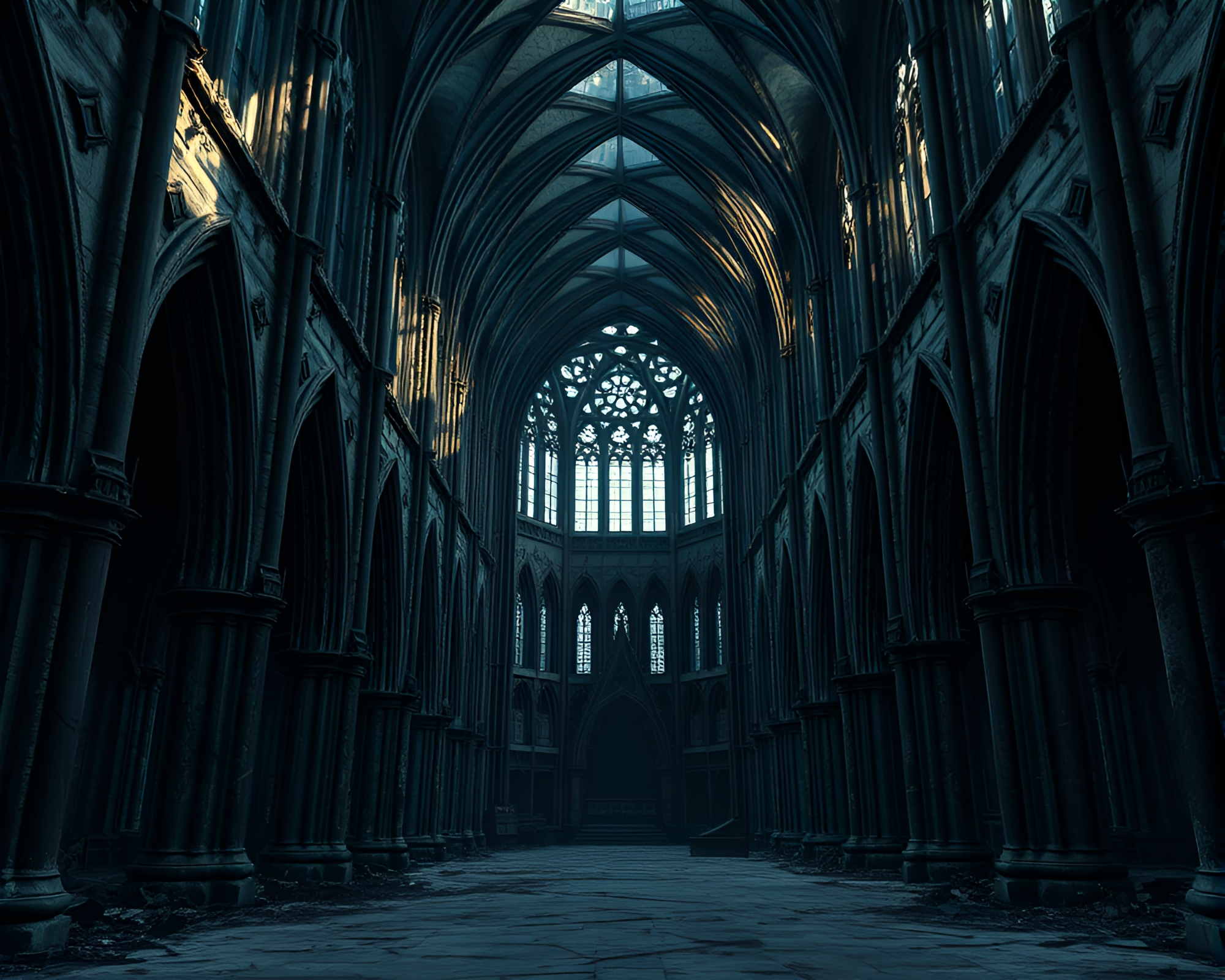 Eerie Dystopian Gothic Cathedral Interior CGI Rendering – free AI stock image