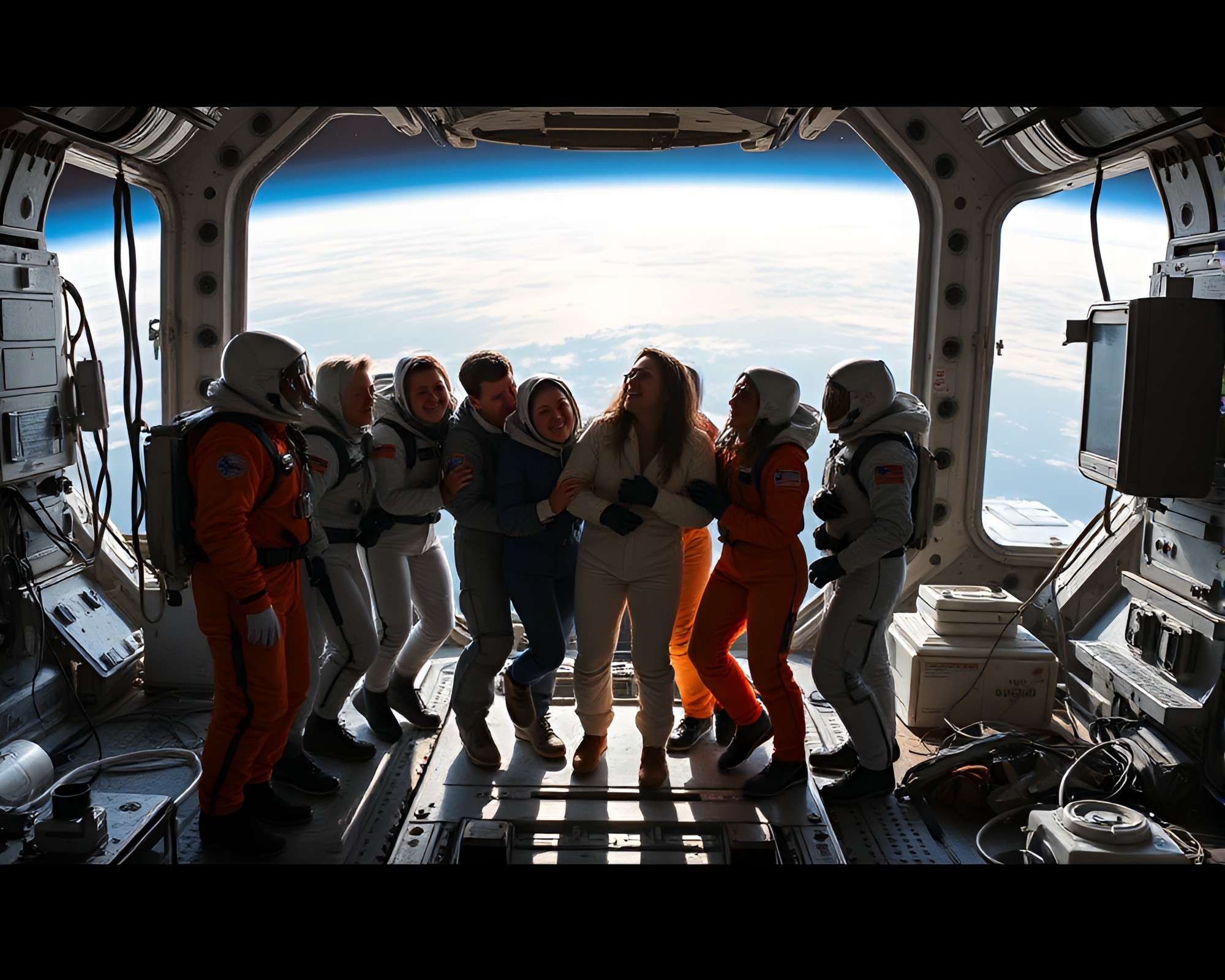 Joyous Reunion on Abandoned Space Station – free AI stock image