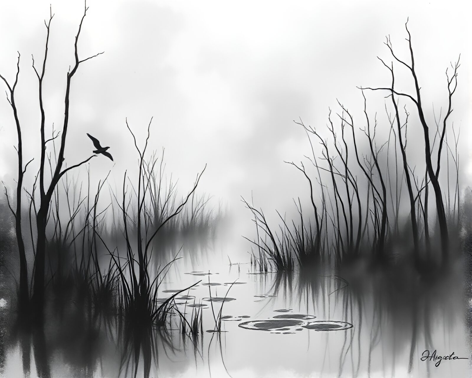 Mysterious marsh bathed in dream-like mist, charcoal sketch art
