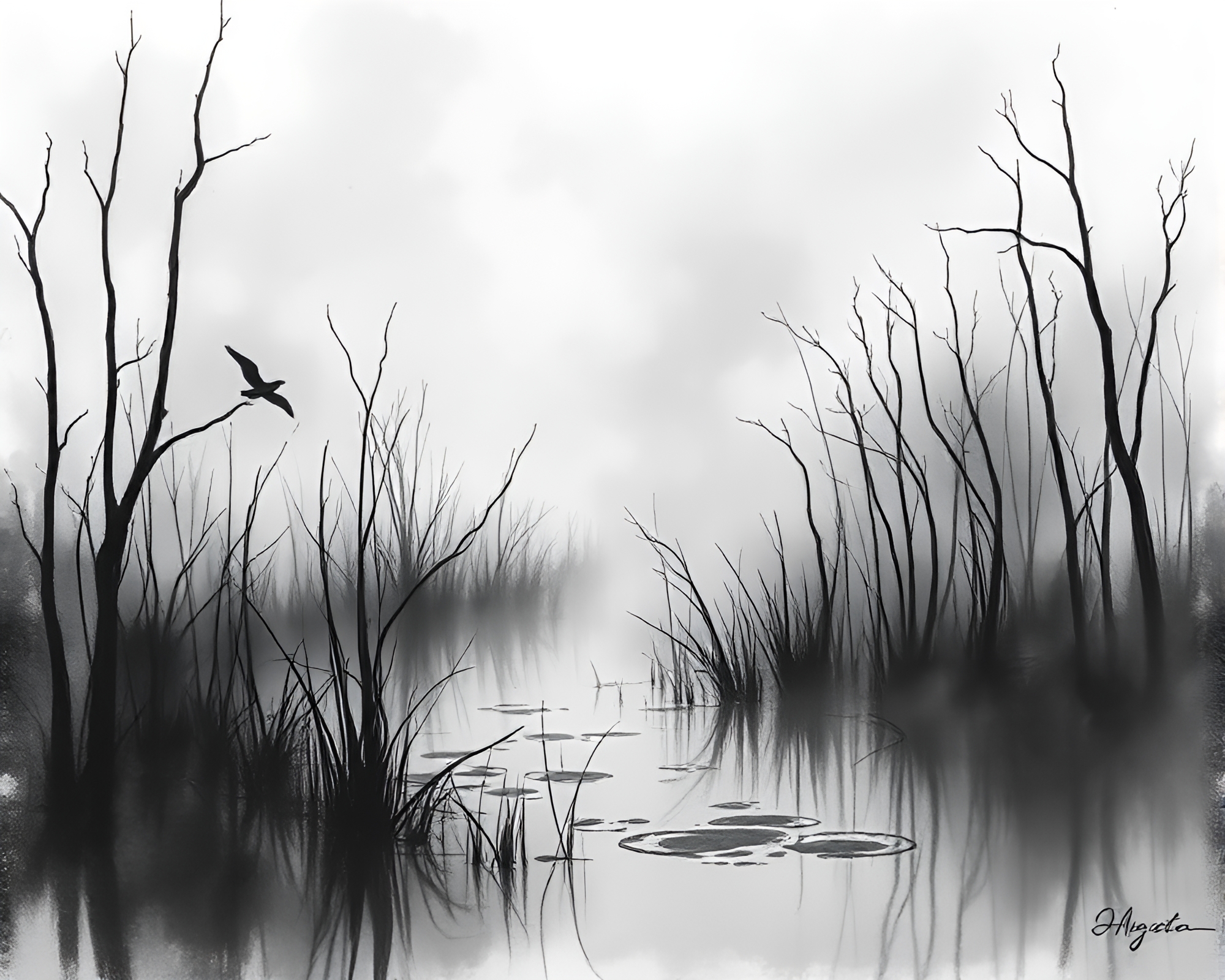Ethereal Marshscape: Dreamy Mist in Charcoal Sketch Art – free AI stock image