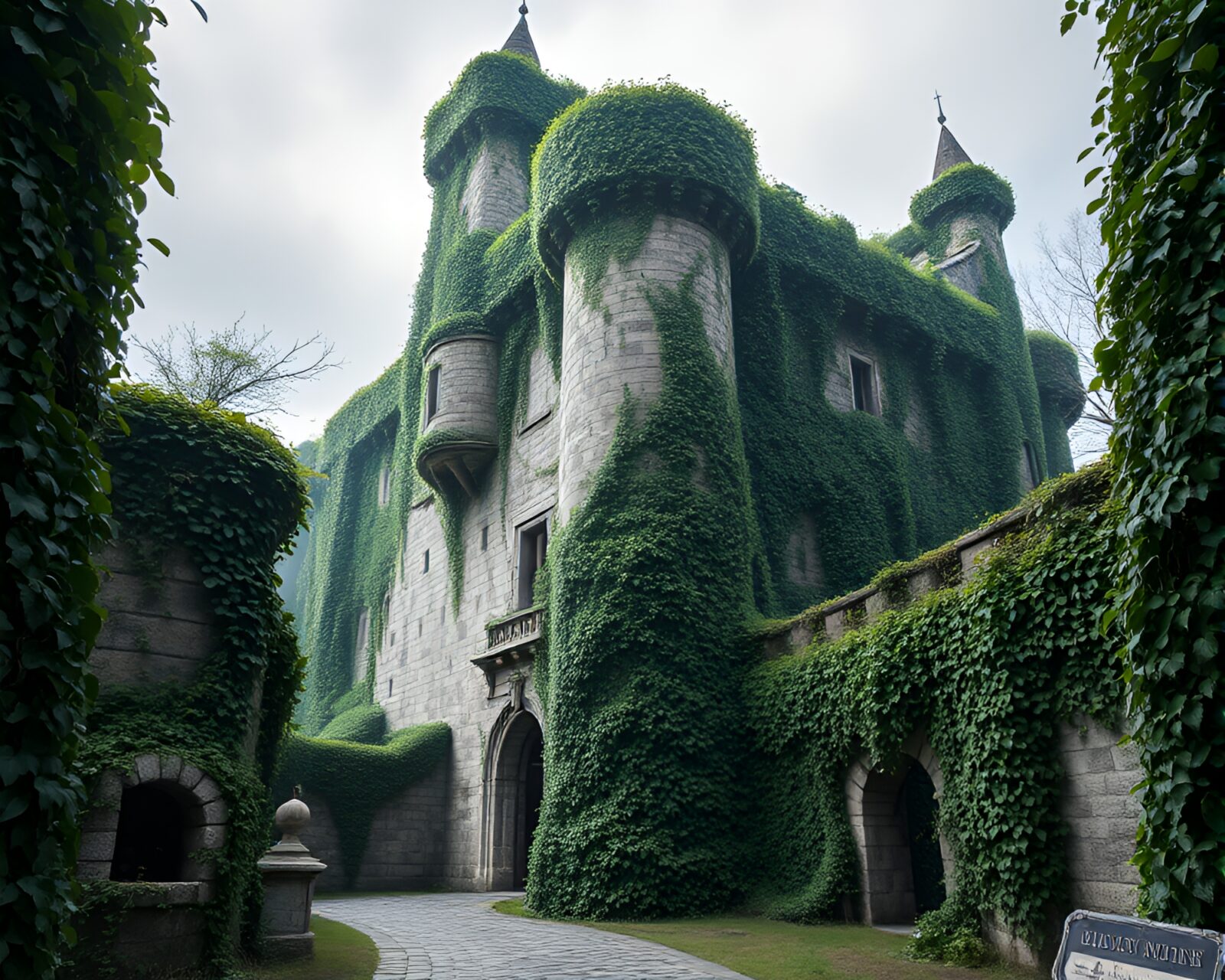 Artistic representation of ivy-covered fortress, emitting intoxicating and mysterious aura