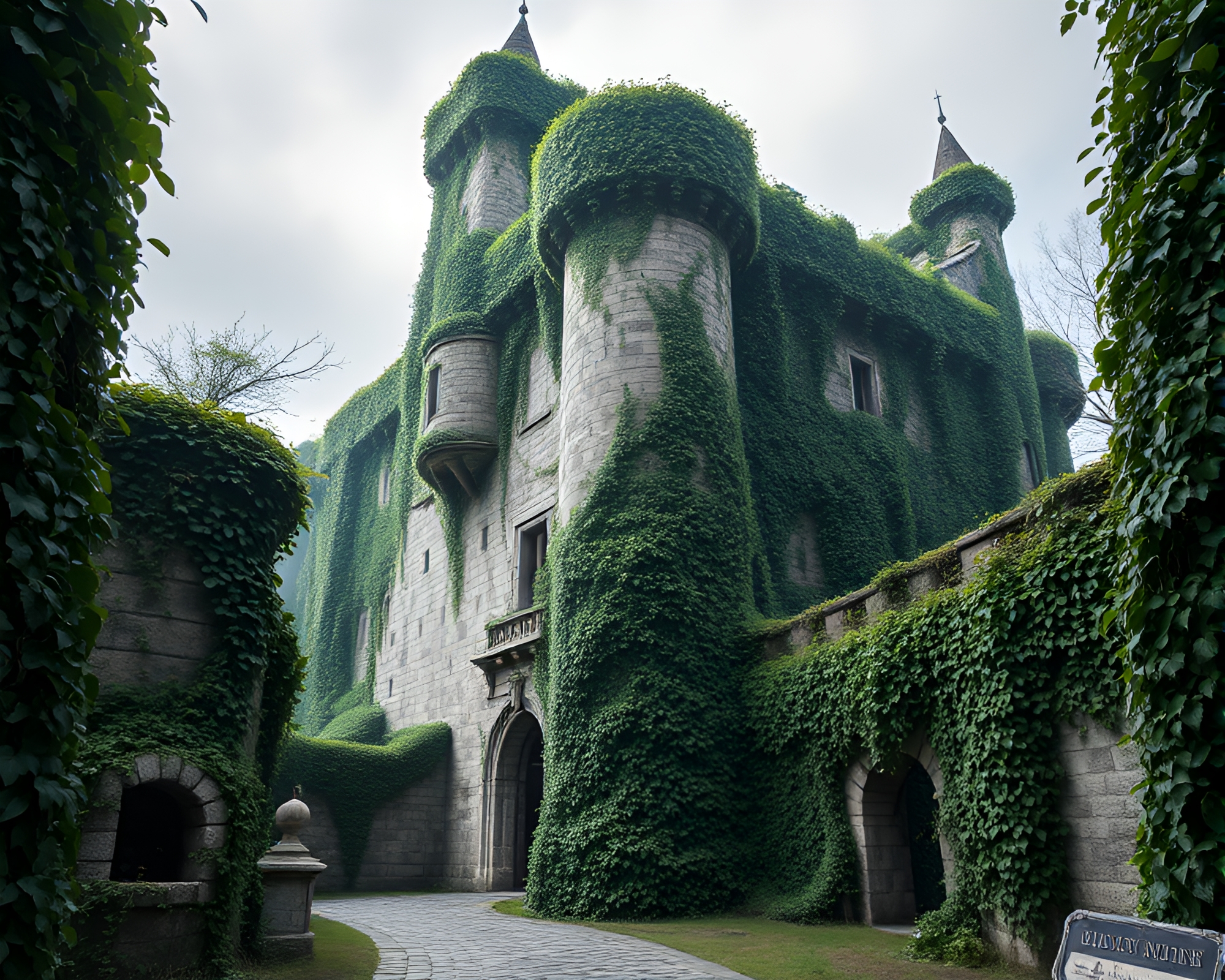 Intriguing Ivy-Entwined Fortress: A Contemporary Art Masterpiece – free AI stock image