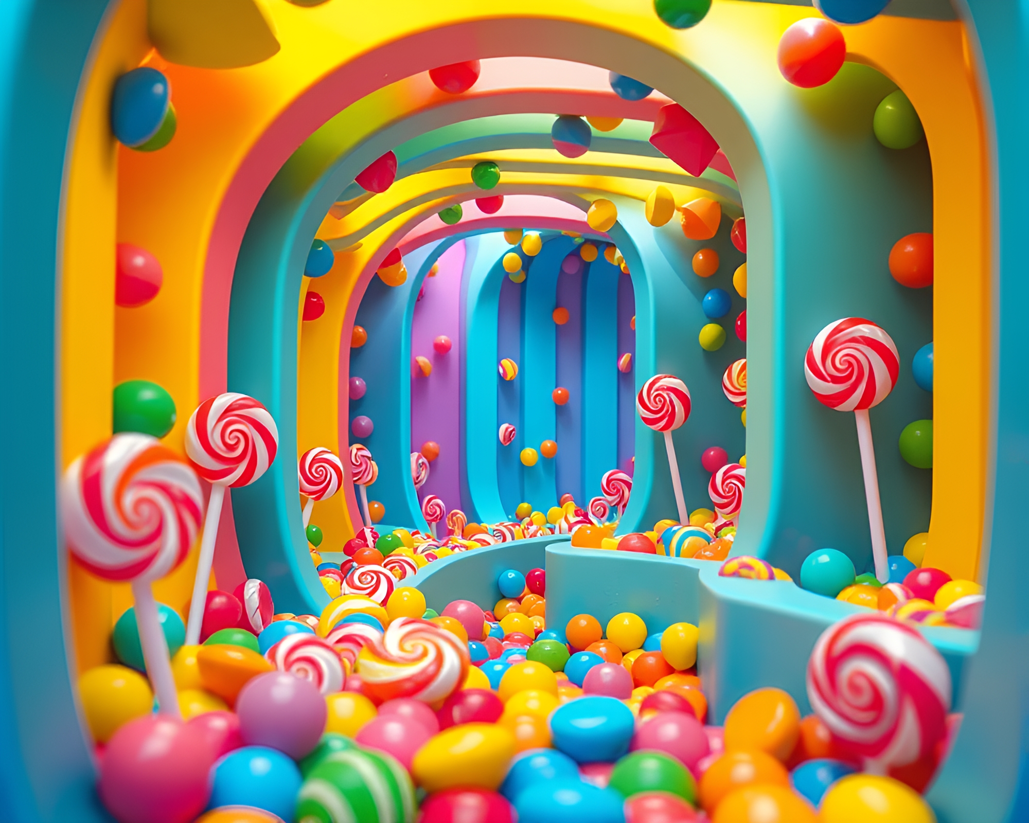 Enchanting Candy-Colored Maze with Lollipops and Rainbow Candies – free AI stock image