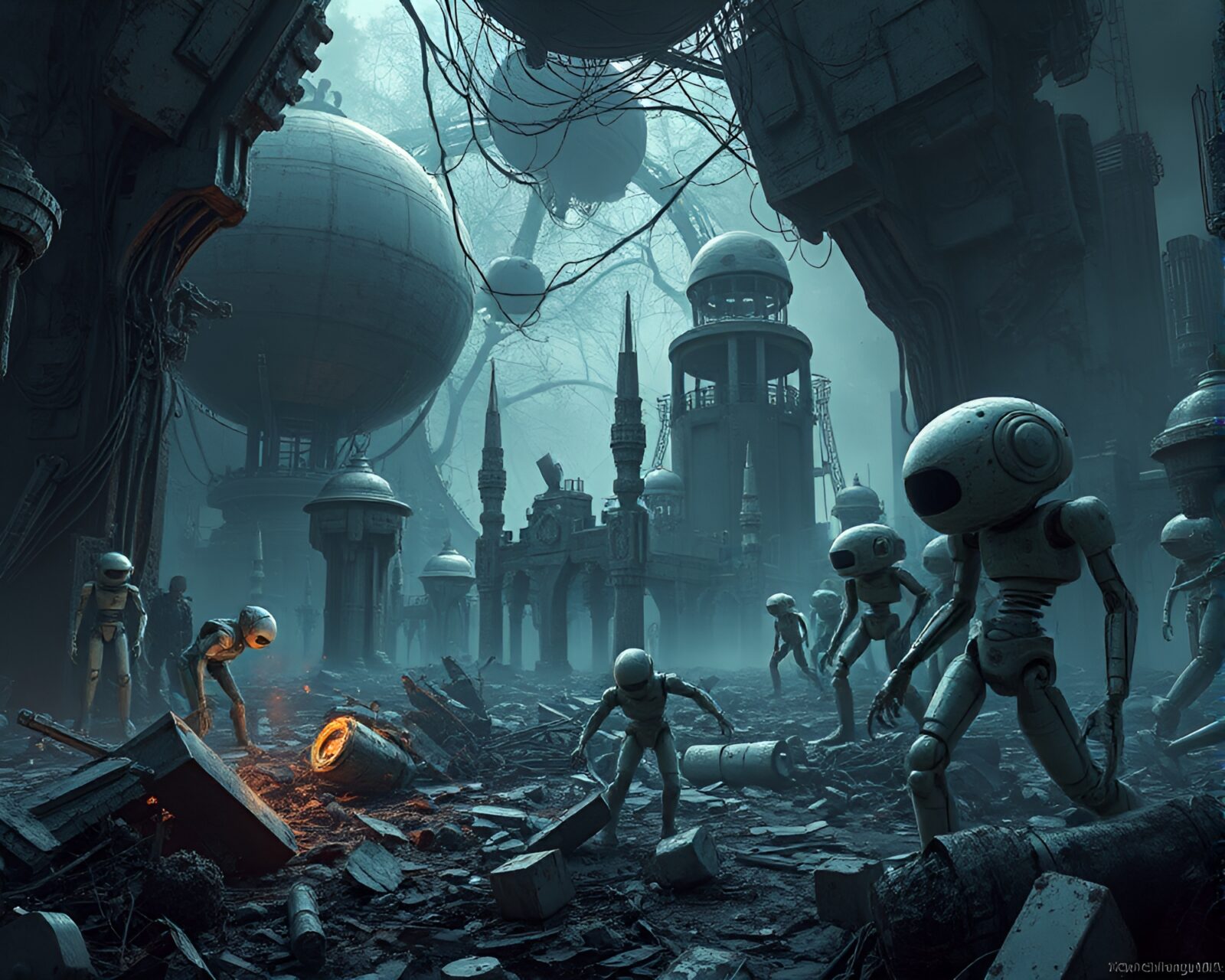 A haunting scene of a wasteland filled with rusty machinery