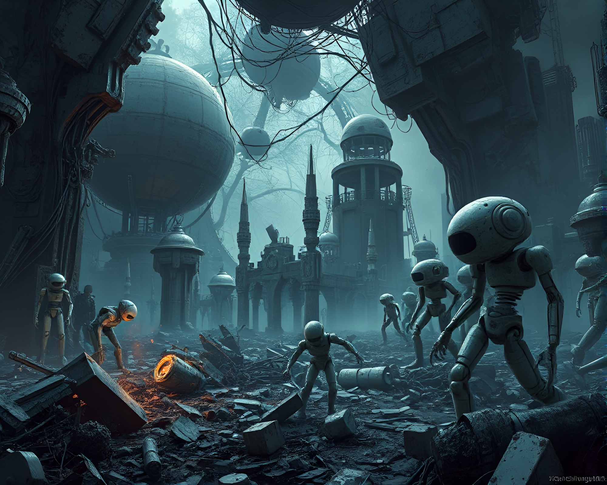 Decaying Ruins of an Ancient Robotic Junkyard – free AI stock image