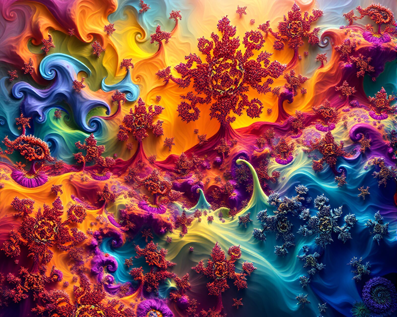 Colorful fractal patterns merging with vibrant landscape scenery