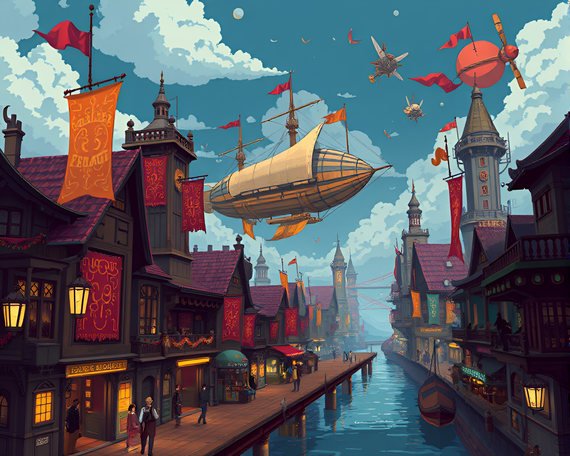 Vibrant Steampunk Airship Port with Mystical Pixel Art Banners – free AI stock image