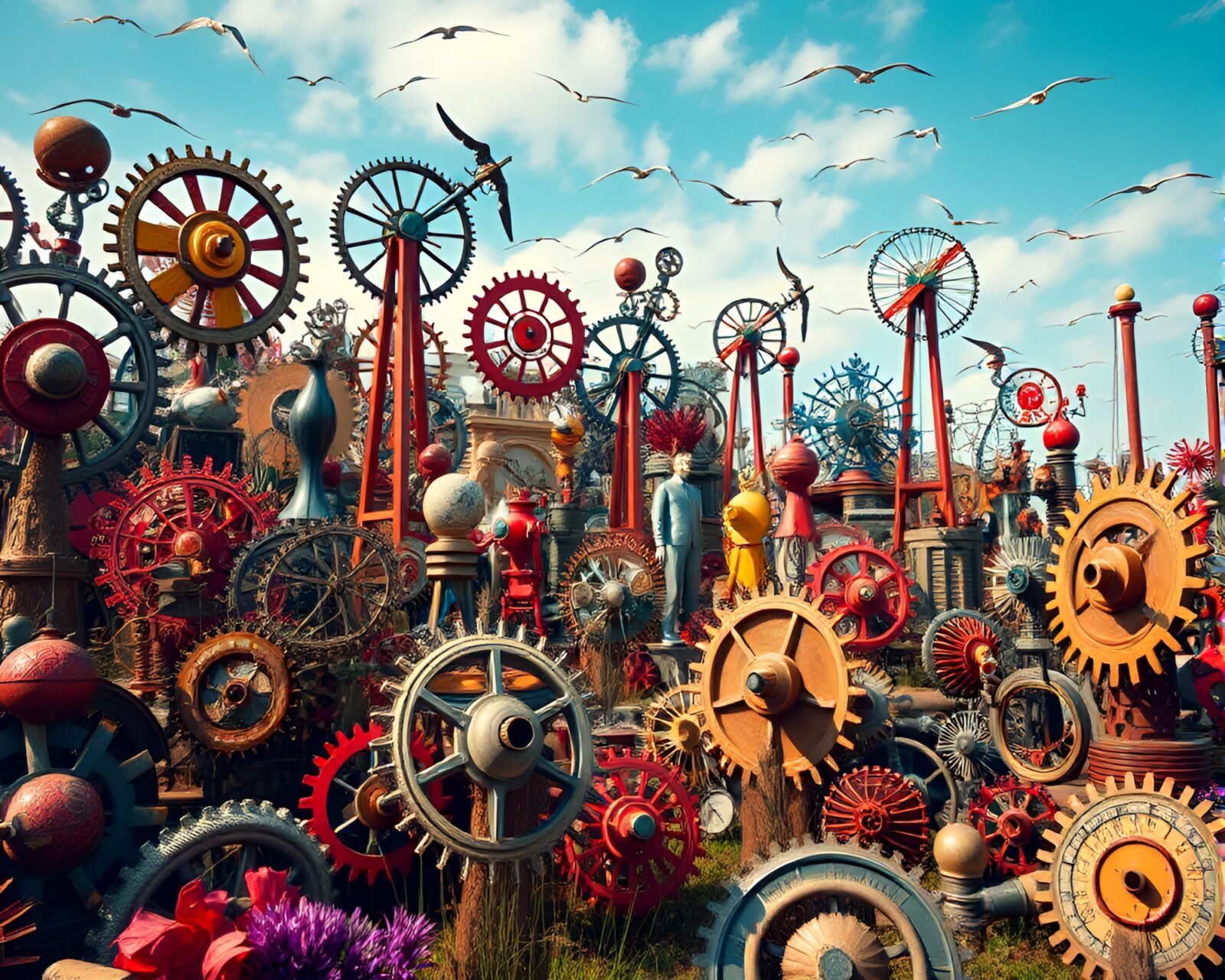 A windswept clockwork garden with vibrant modern art sculptures