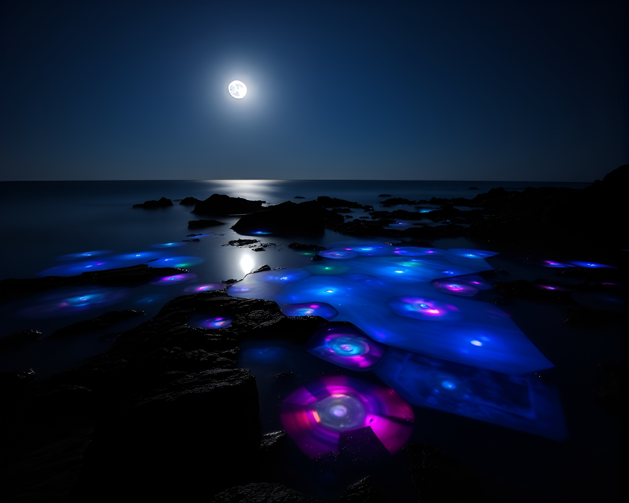 Enchanting Bioluminescent Tide Pools Illuminated by Moonlight – free AI stock image