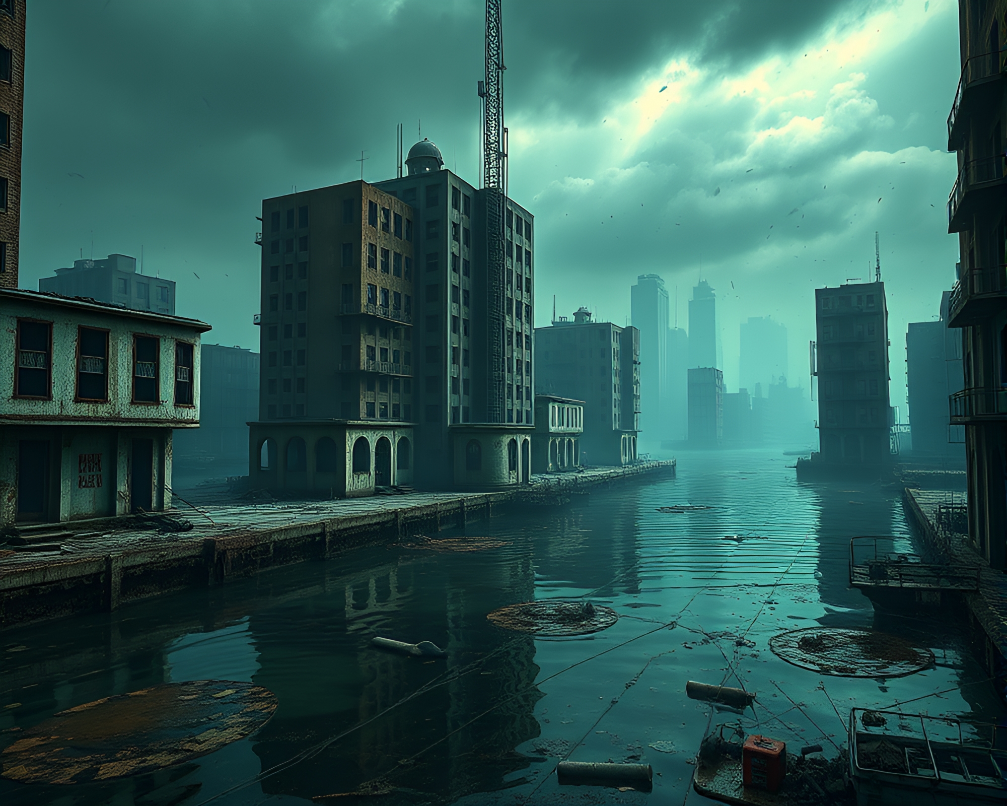 Eerie Sunken Cityscape Rendering with Melancholic Vibes – free AI stock image
