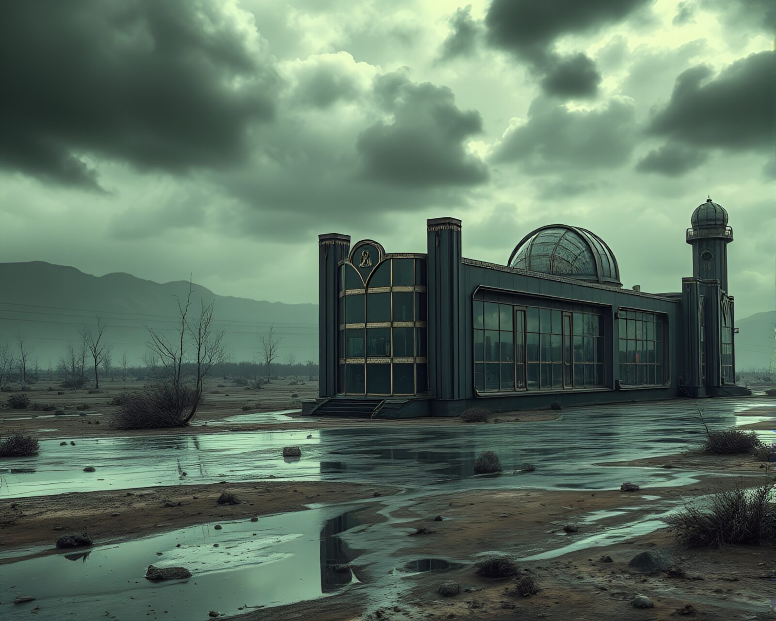 Eerie art deco structures in a radioactive wasteland