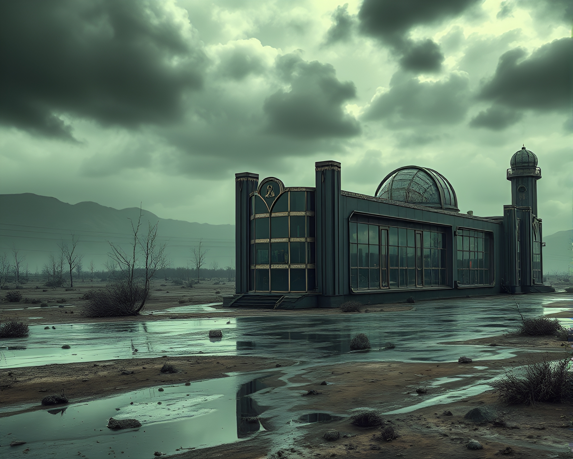 Desolate Radioactive Wasteland with Eerie Art Deco Structures – free AI stock image