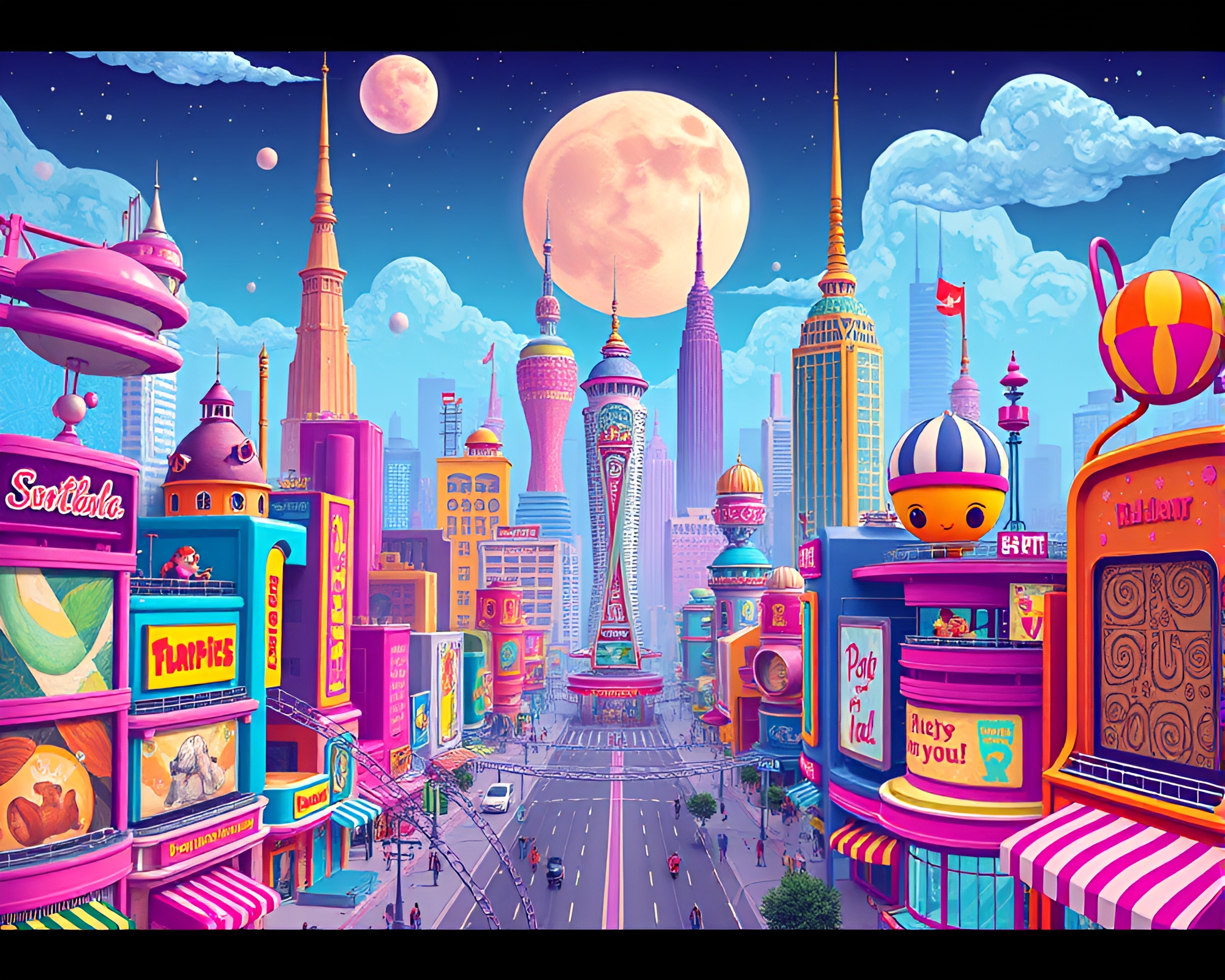 Whimsical Pop Art Metropolis: Retro-Futuristic Cityscape – free AI stock image