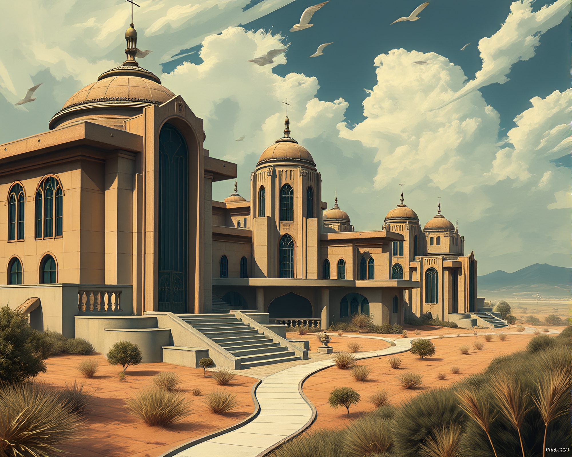Intricate Art Deco Memory Palace in Windswept Landscape – free AI stock image