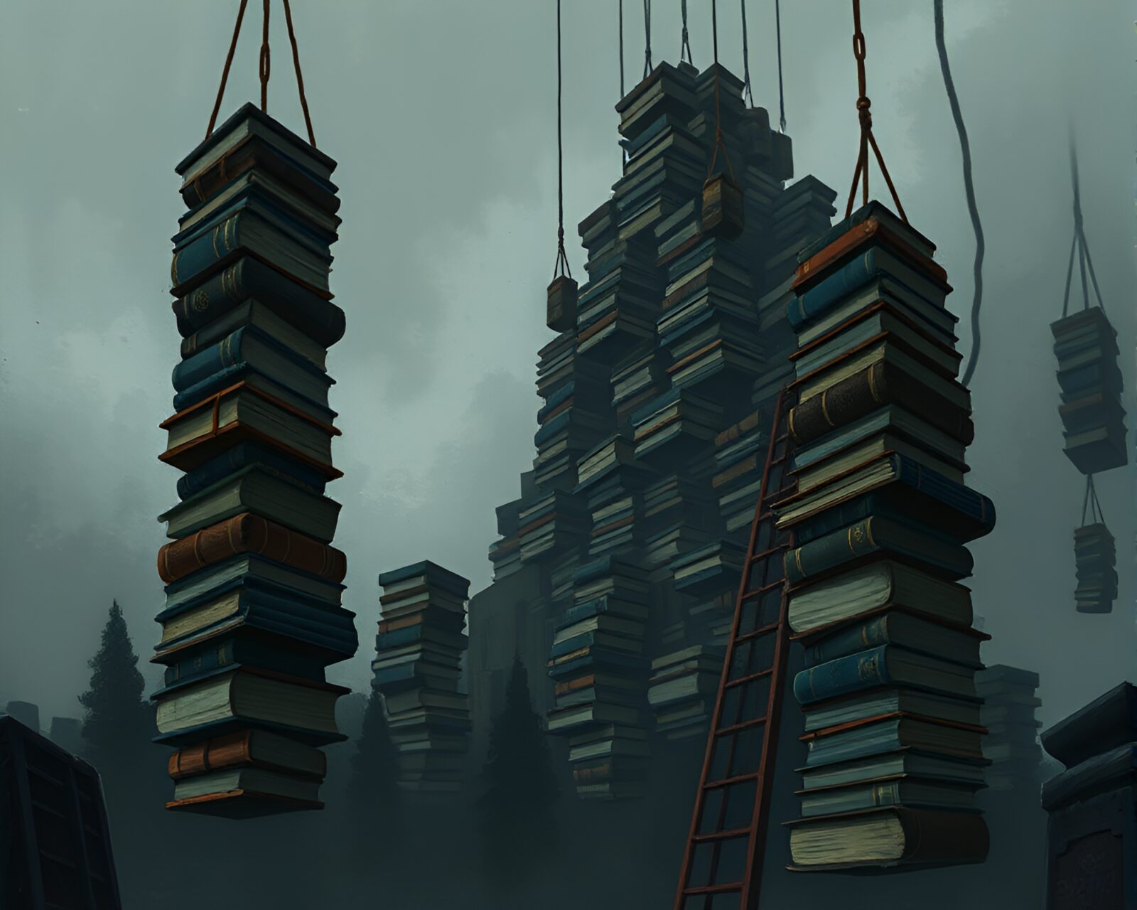 A haunting gouache illustration of a tower made of suspended books