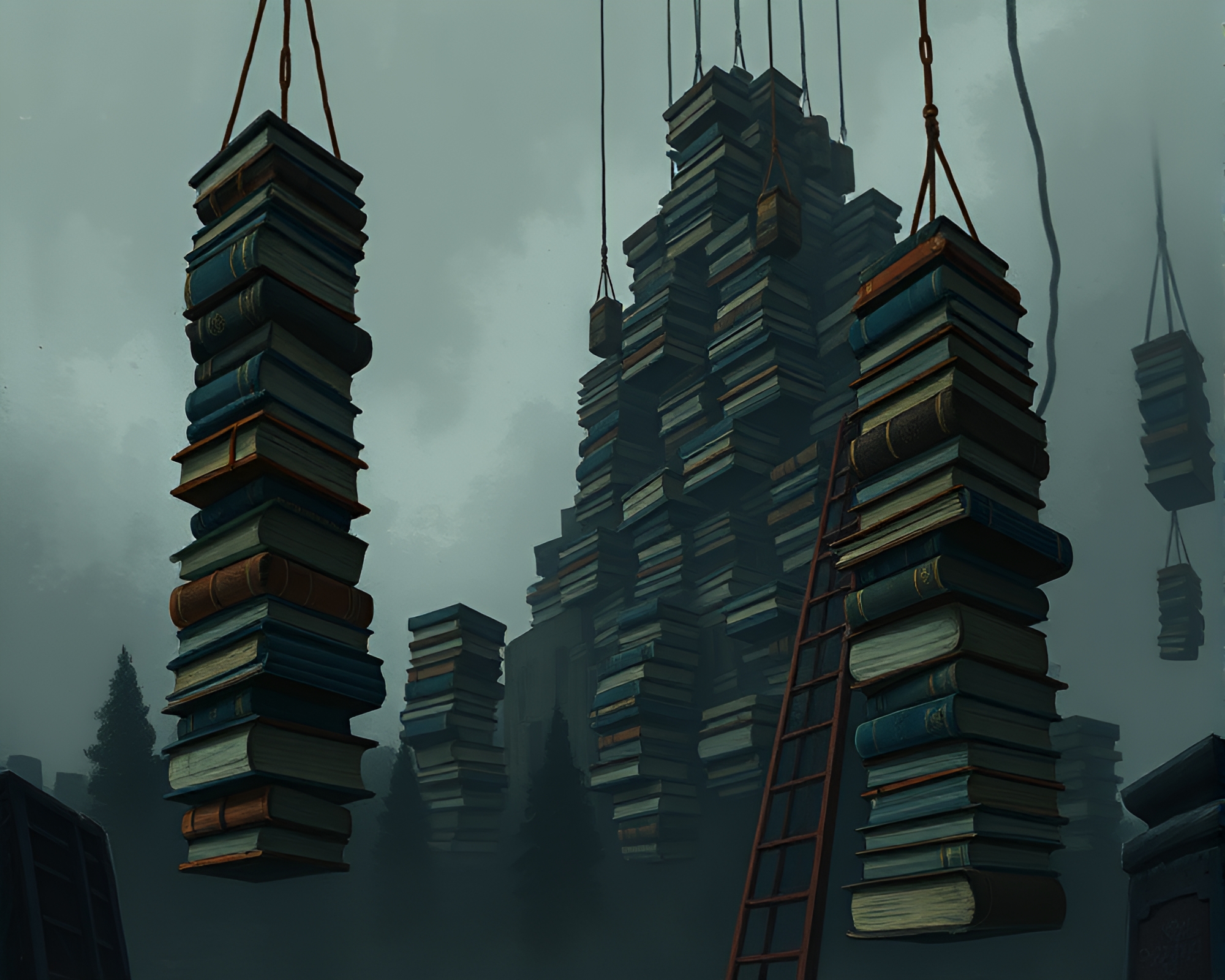 Suspended Piles of Books Create Tower of Knowledge – free AI stock image