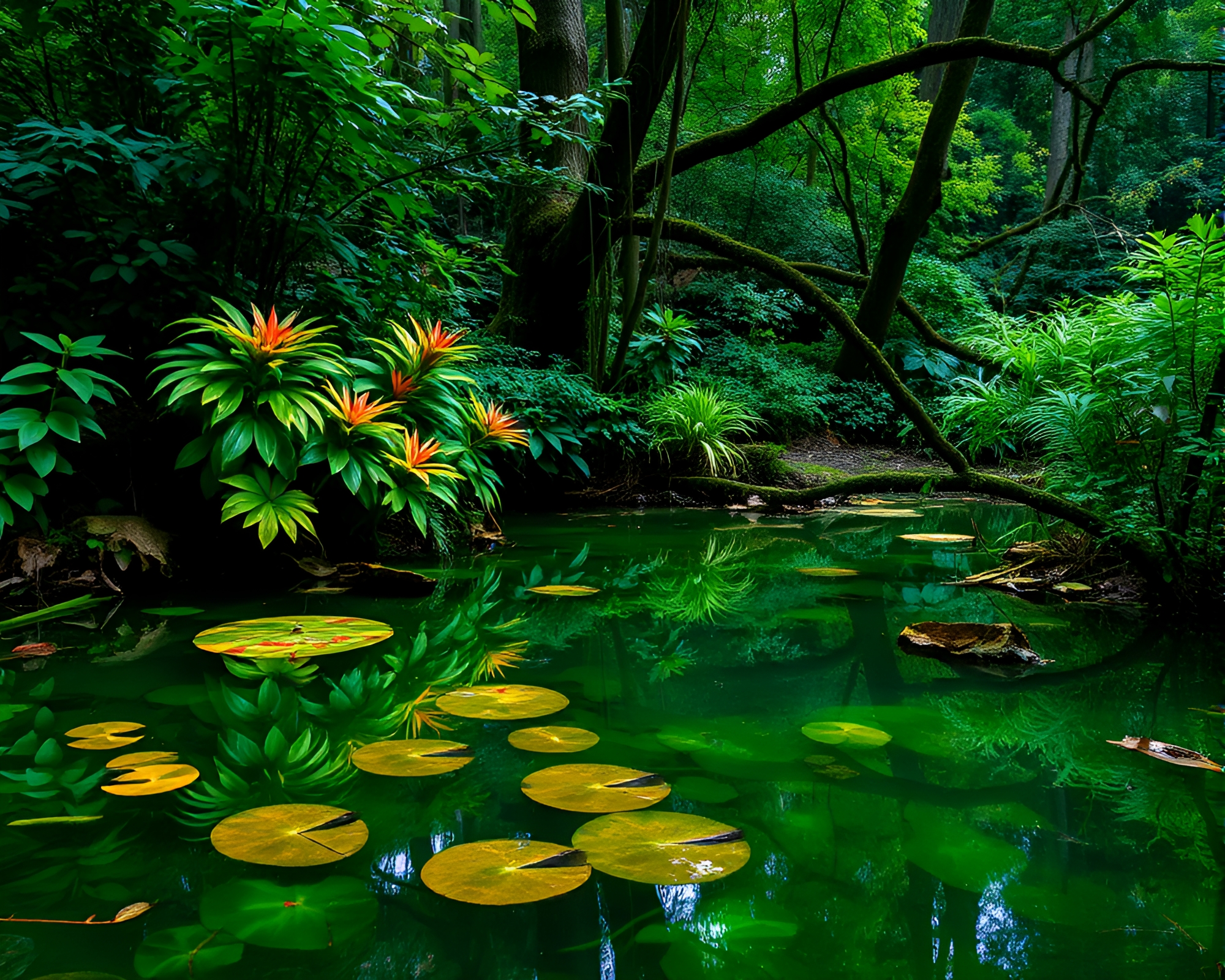 Serene Forest Scene with Lush Botanical Overgrowth – free AI stock image