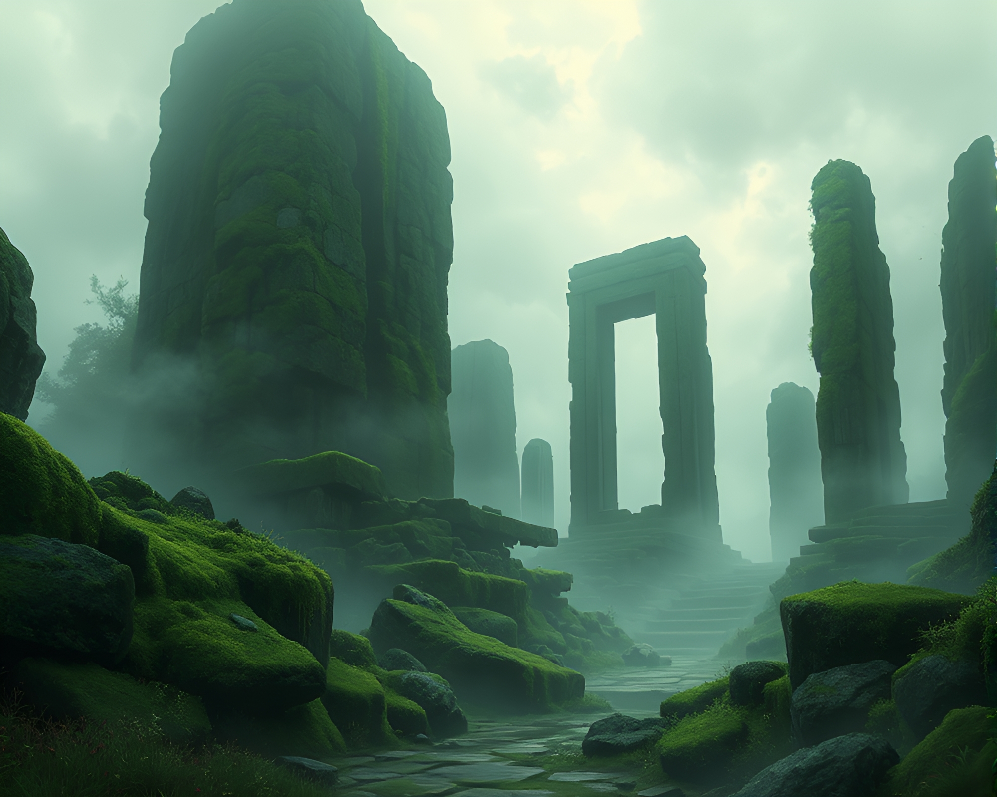 Eerie Anime Depiction of Ancient Moss-Covered Monolithic Ruins – free AI stock image