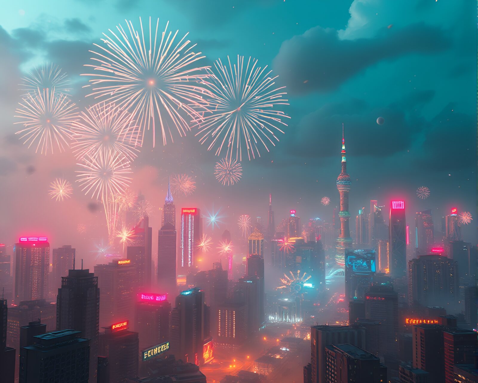 CGI image of vibrant neon city with fireworks display