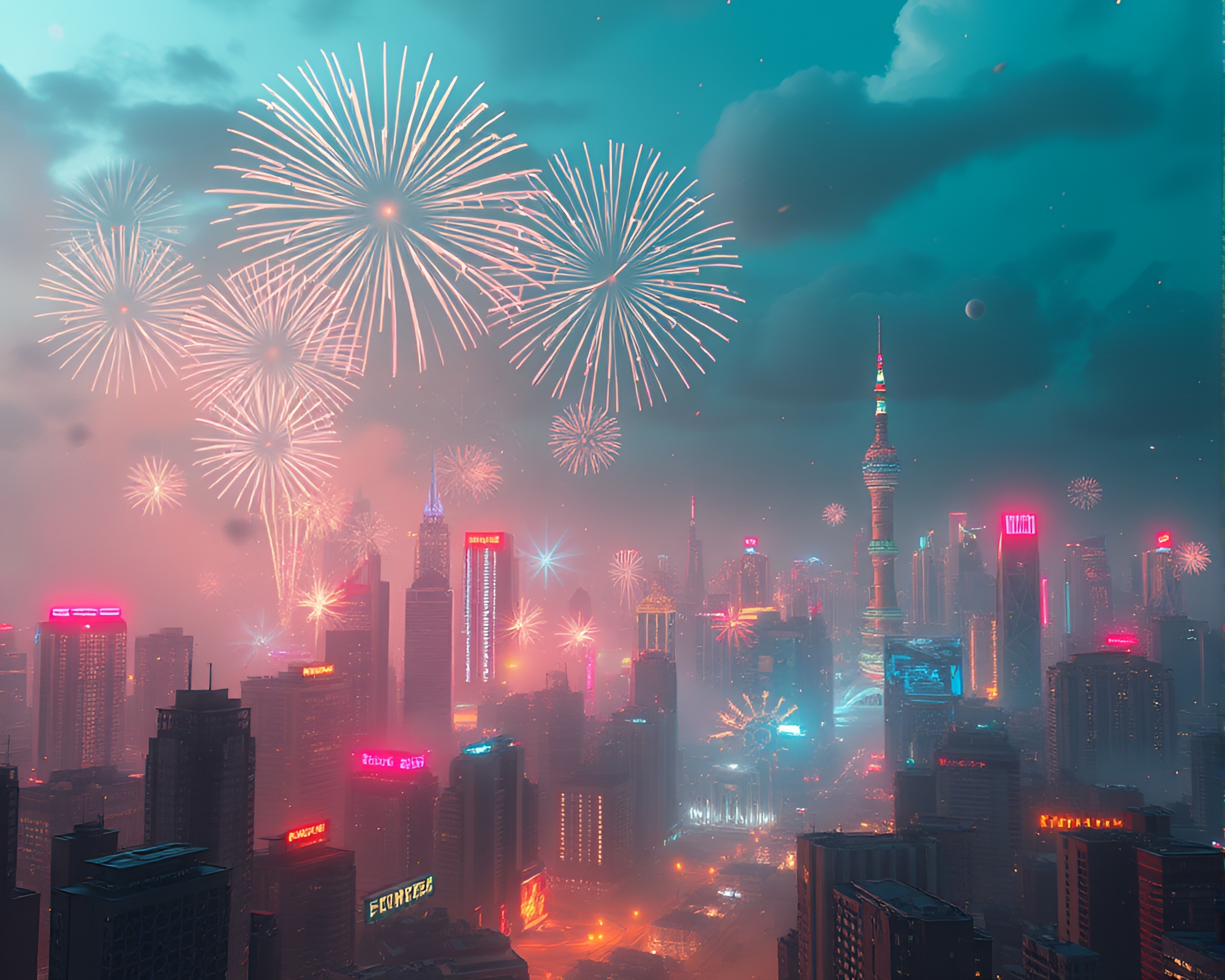 Sunken Cityscape with Neon Lights and Fireworks – free AI stock image