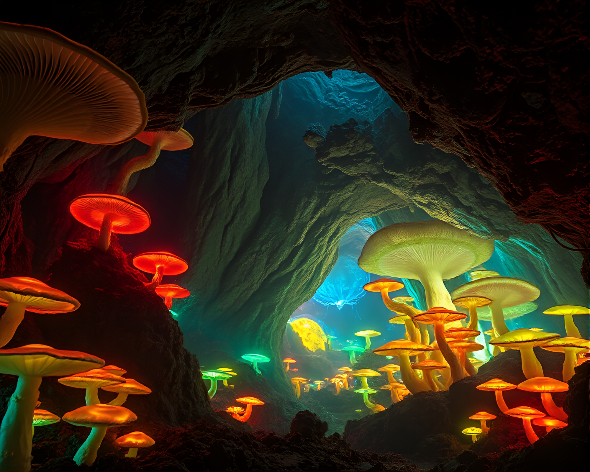 Ethereal and Vibrant Dystopian Fungus-Filled Cavernscape – free AI stock image
