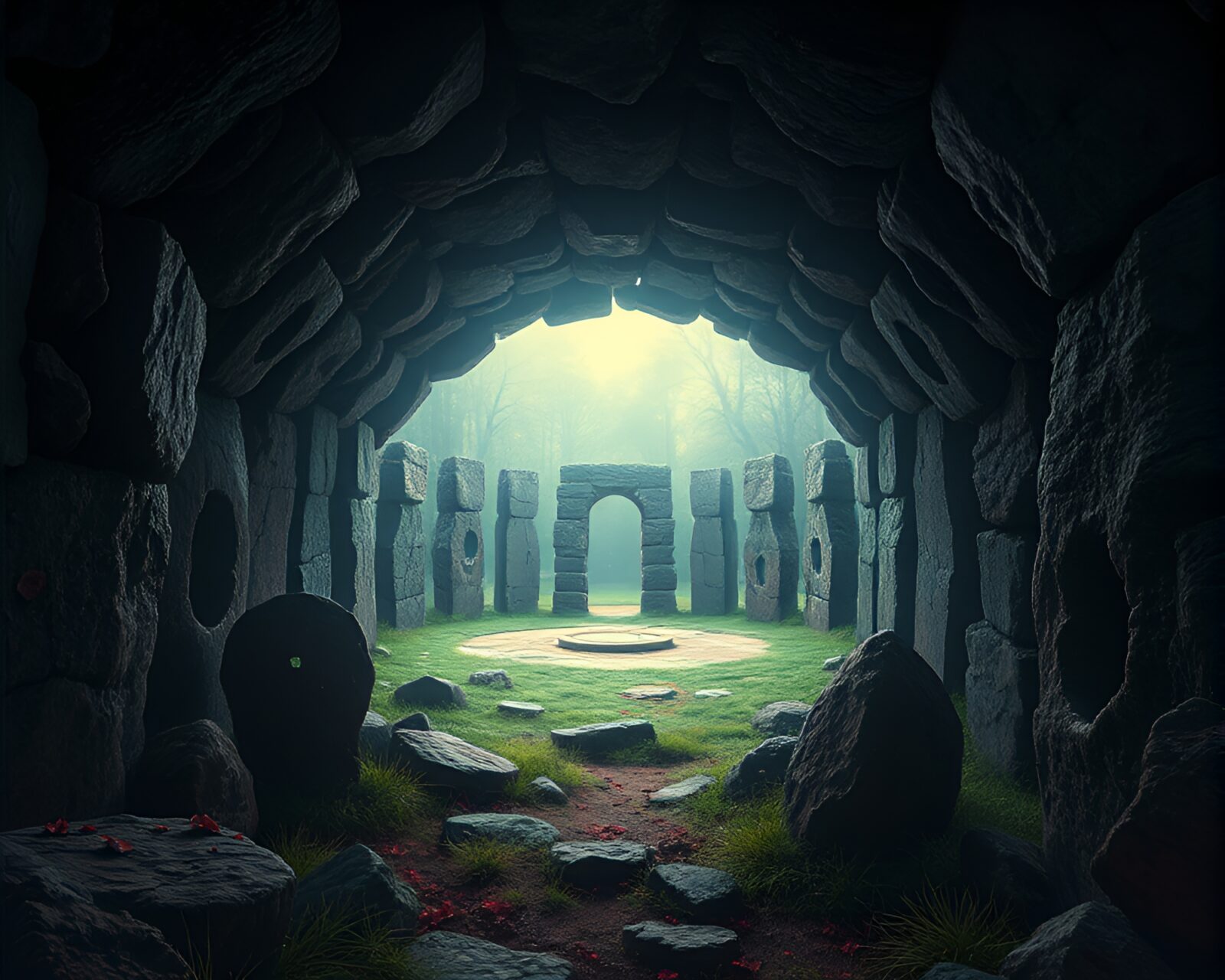 Detailed and vivid gouache drawing of a claustrophobic druidic stone circle