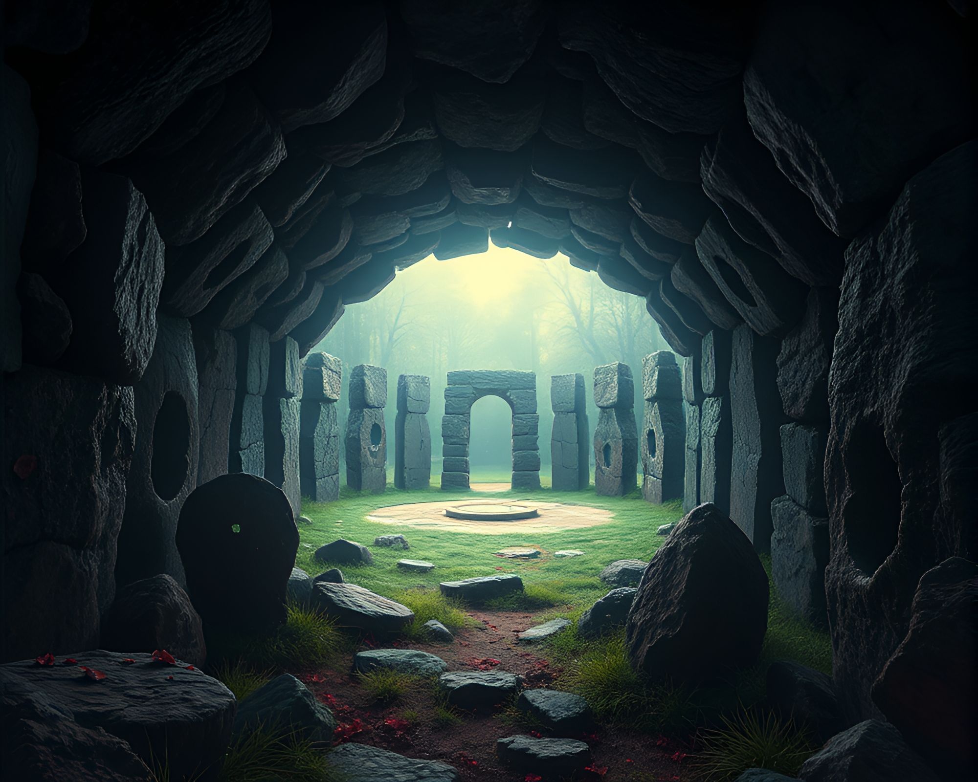 Intricate Druidic Stone Circle Illustration with Claustrophobic Atmosphere – free AI stock image