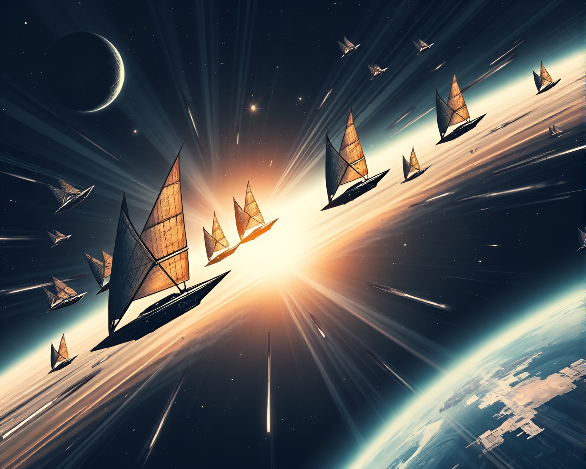 Futuristic solar sail fleet in noir cubism style – free AI stock image