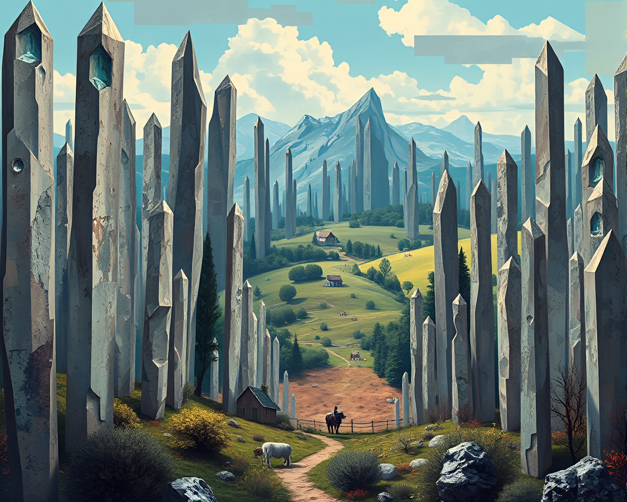 Surreal Cubist Landscape Harmonizing Nature and Technology – free AI stock image