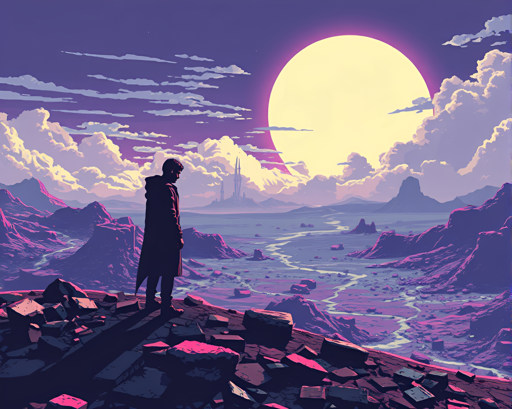Shattered Pixel Planet: Retro Glitch Art Landscape – free AI stock image