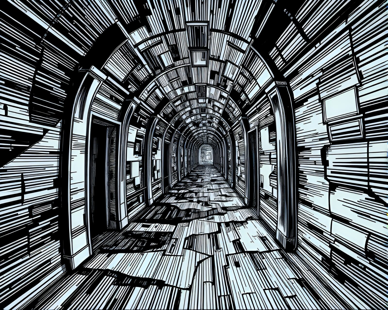 Detailed black and white line drawing of time-warp corridor