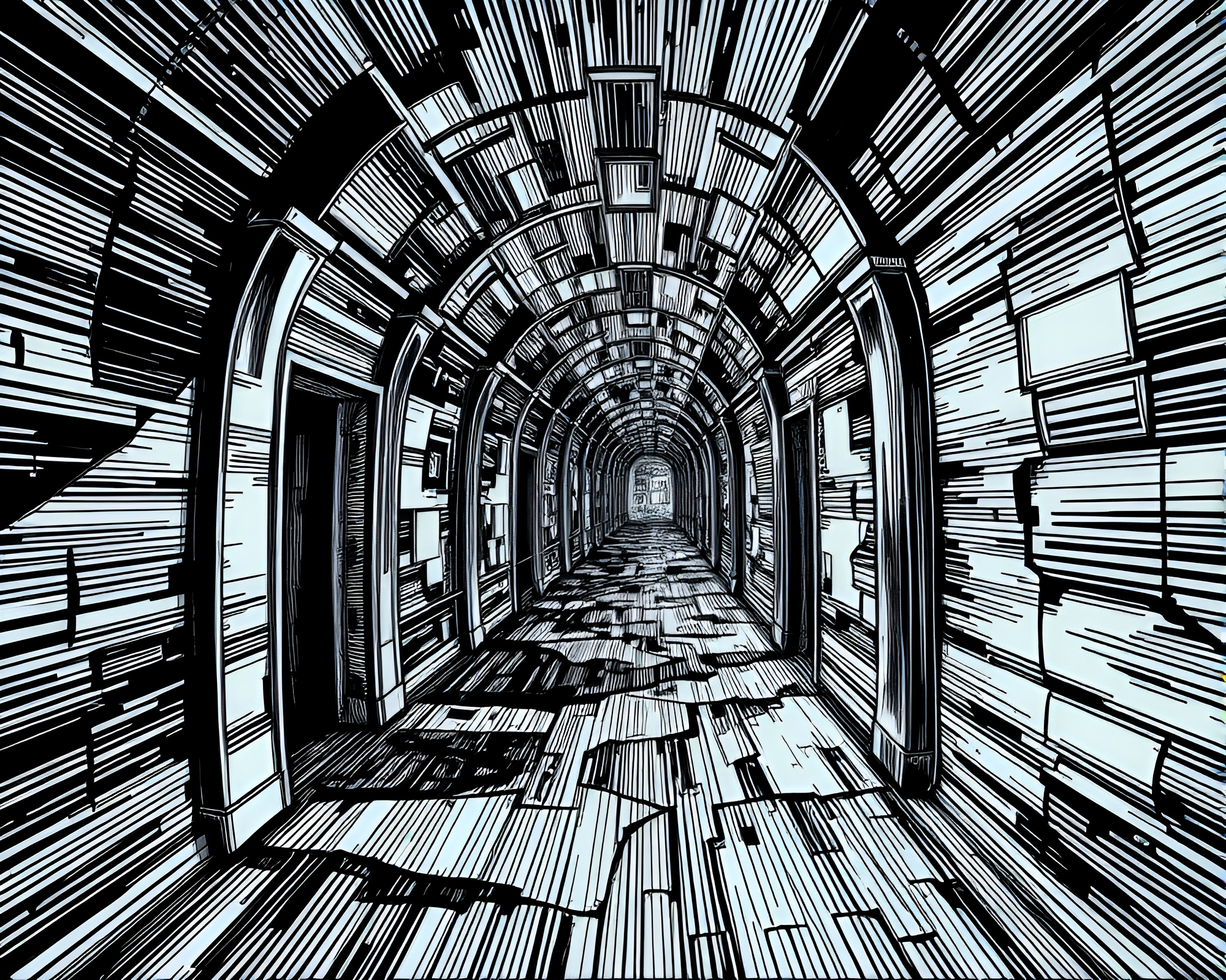 Intricate Noir Time-Warp Corridor Line Drawing – free AI stock image