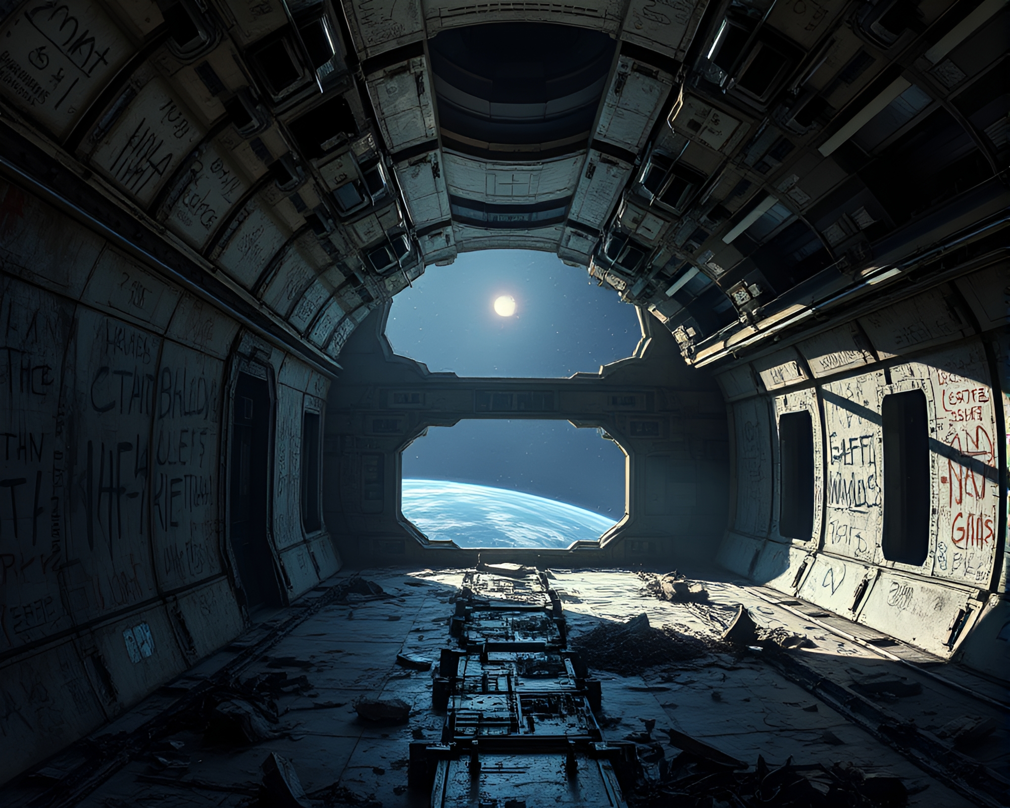 Eerie Abandoned Space Station Covered in Ancient Graffiti – free AI stock image