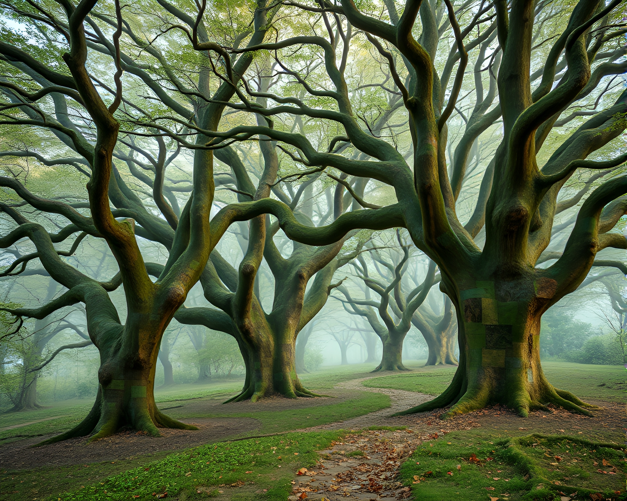 Ethereal Spectral Oak Forest with Mosaic Trees – free AI stock image