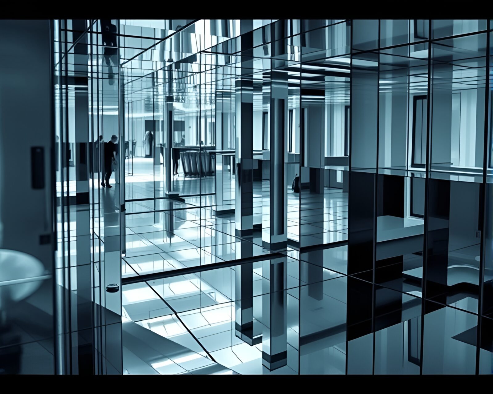 Surreal contemporary art with mirror labyrinth and illusions