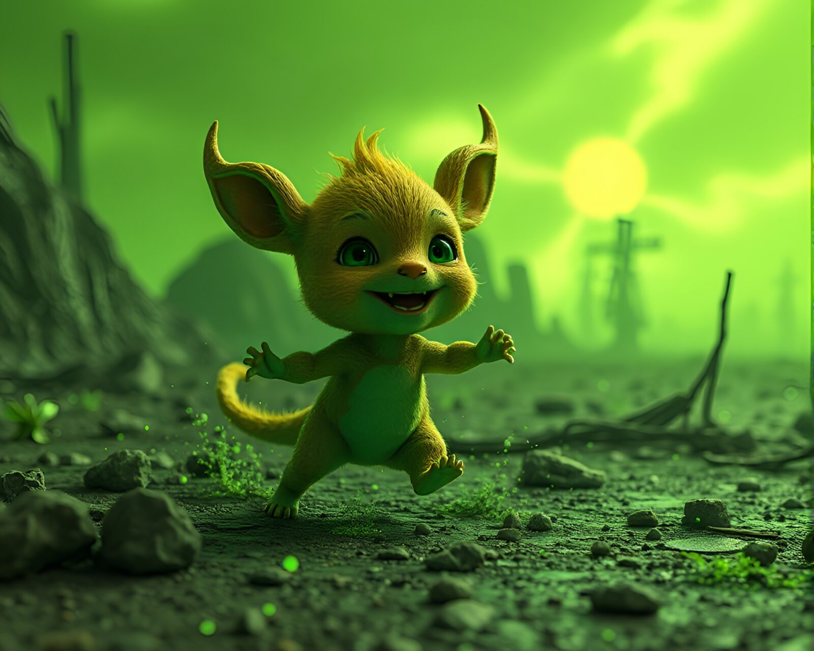 3D-rendered creature playfully frolicking in eerie radioactive wasteland