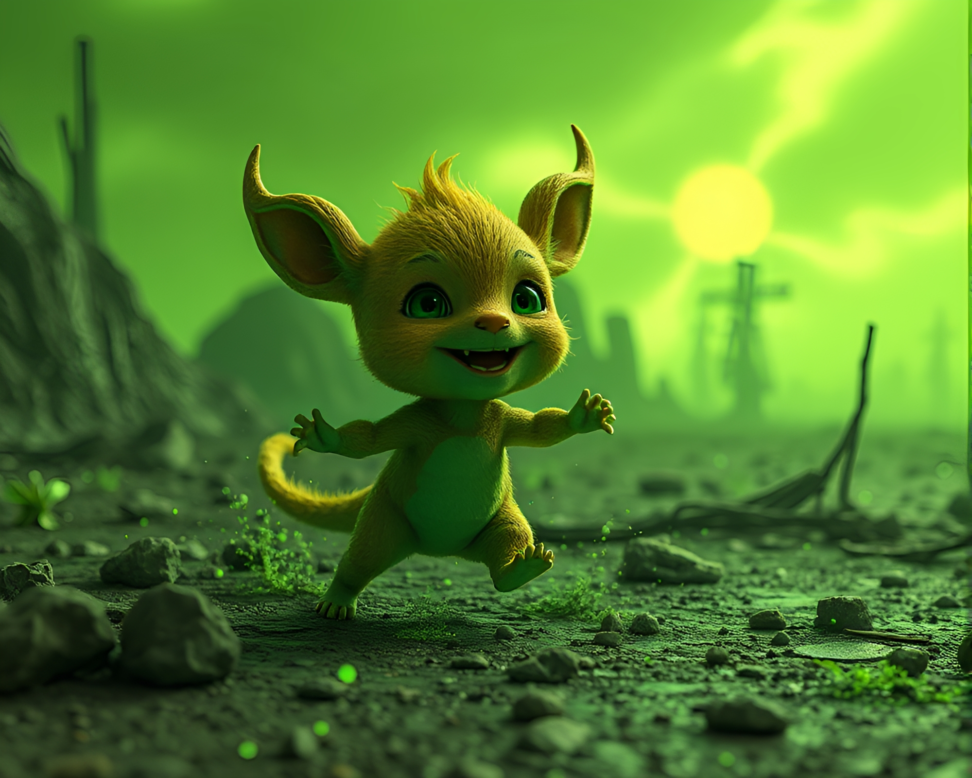 Post-Apocalyptic Playful Creature in Glowing Wasteland – free AI stock image