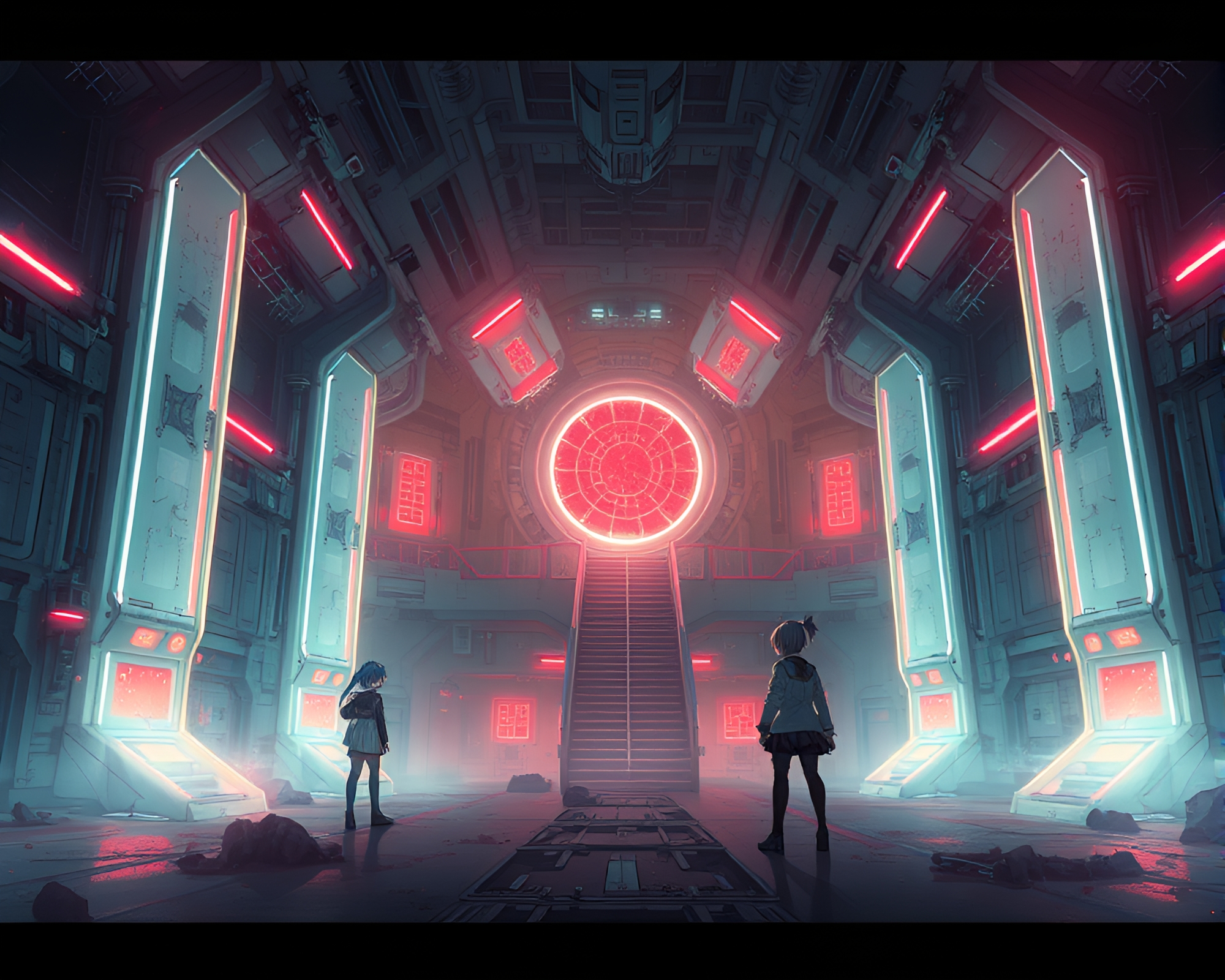 Futuristic Anime Characters Explore Glowing Abandoned Space Station – free AI stock image