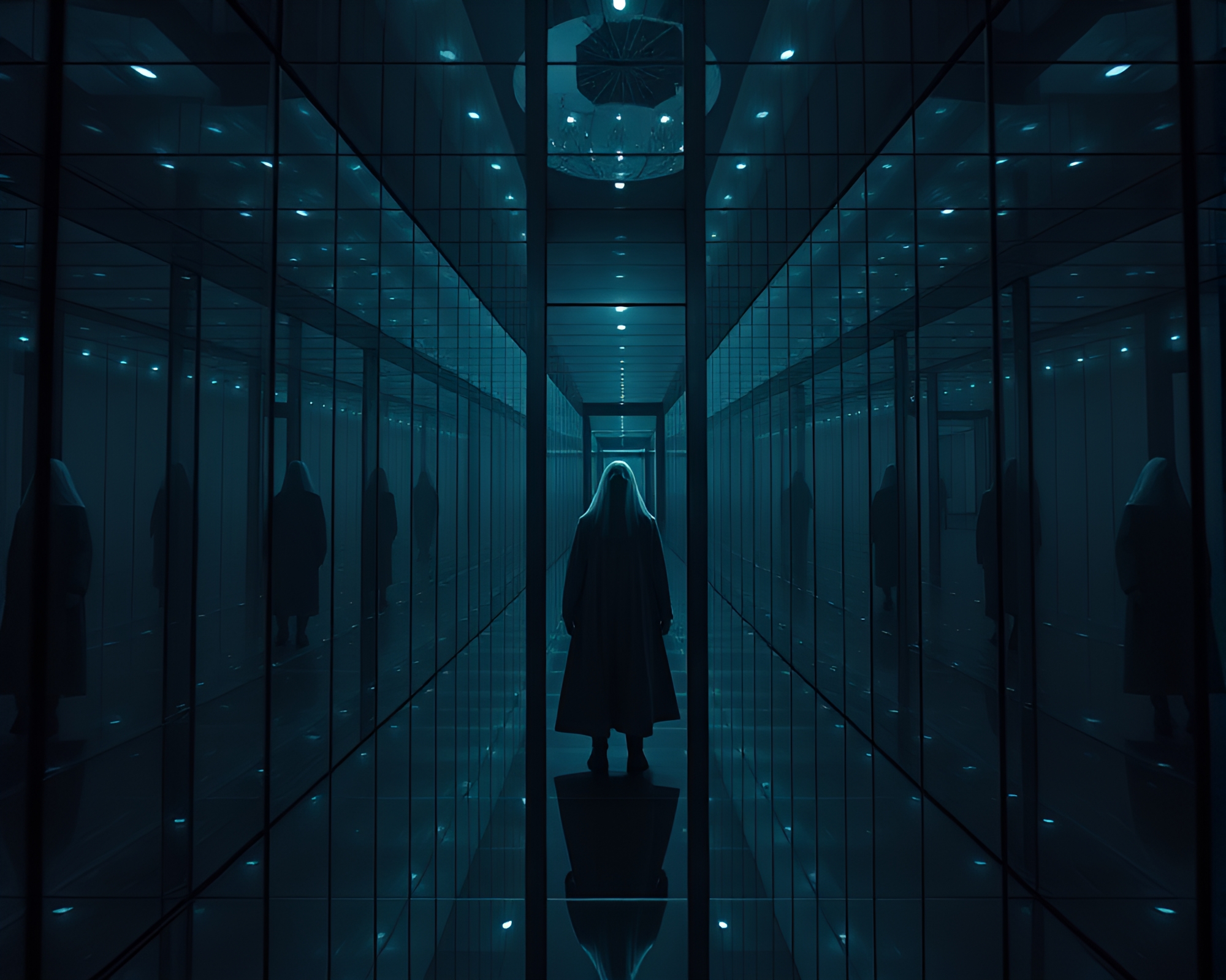 Infinite Reflections in Haunting Mirror Labyrinth – free AI stock image