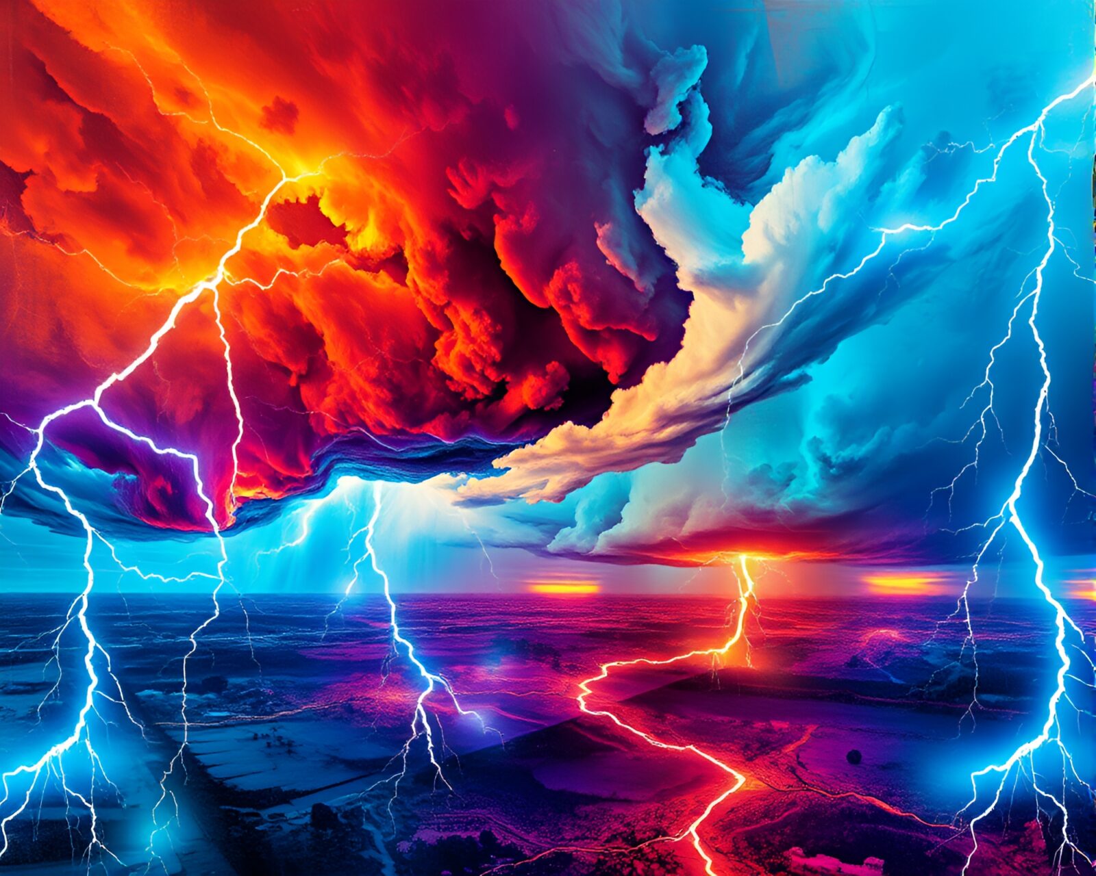 Surreal electric storm with vivid colors and abstract shapes
