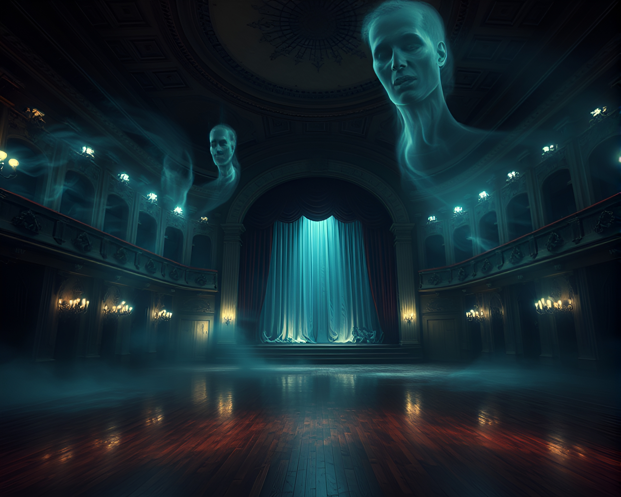Ghostly Phantom Opera House Glowing in Surreal Ballroom – free AI stock image