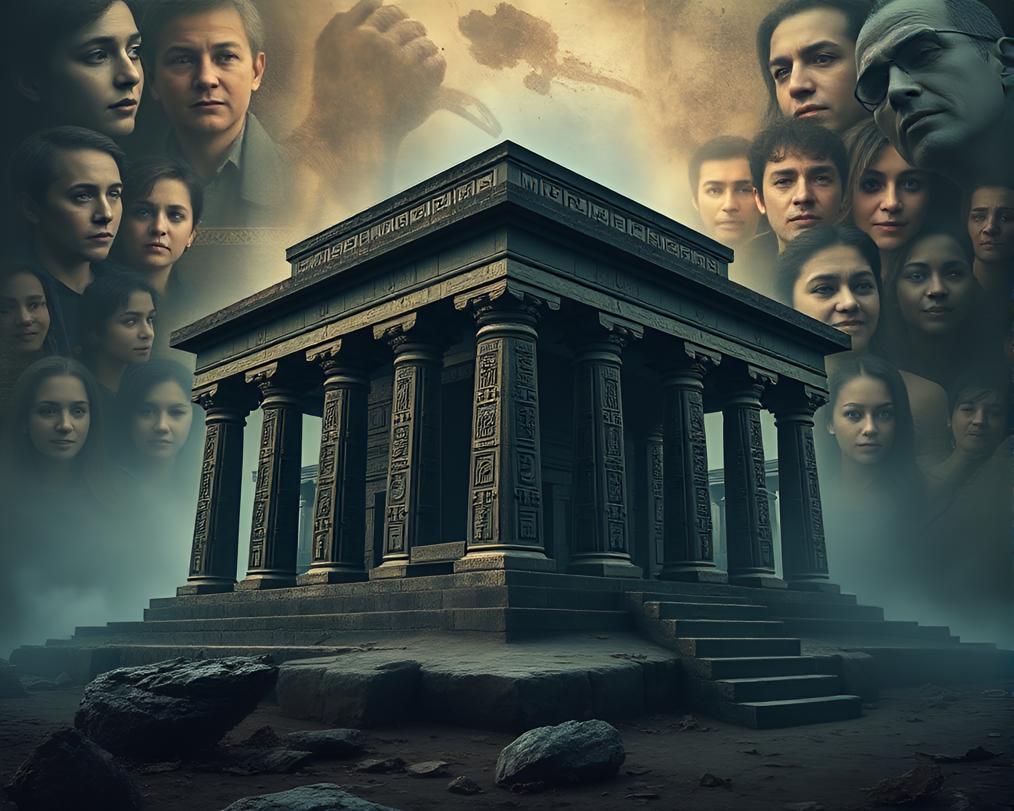 Mystical Ancient Temple with Intricate Hieroglyphics Collage – free AI stock image