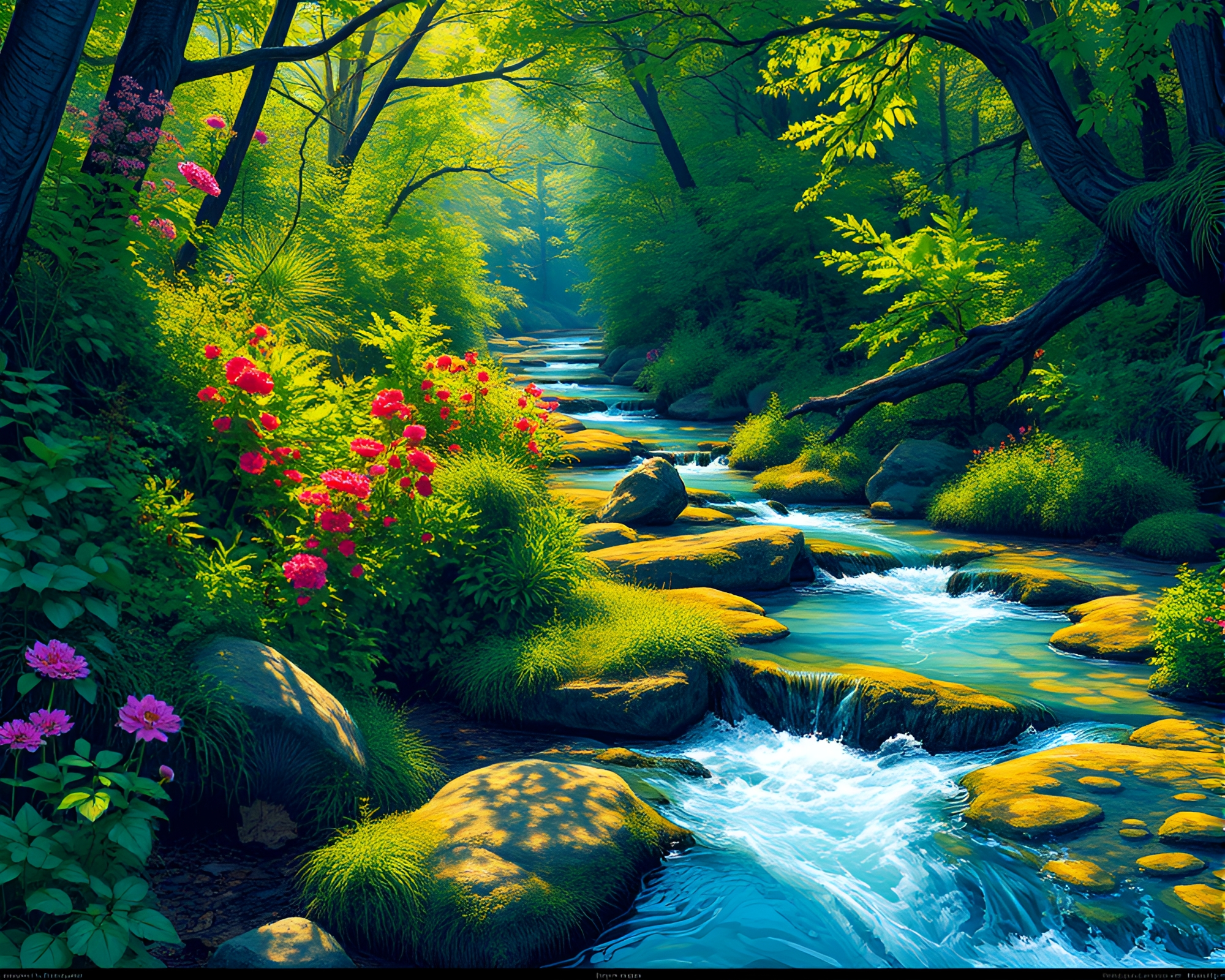 Elegant Digital Art of Lush Vibrant Stream – free AI stock image