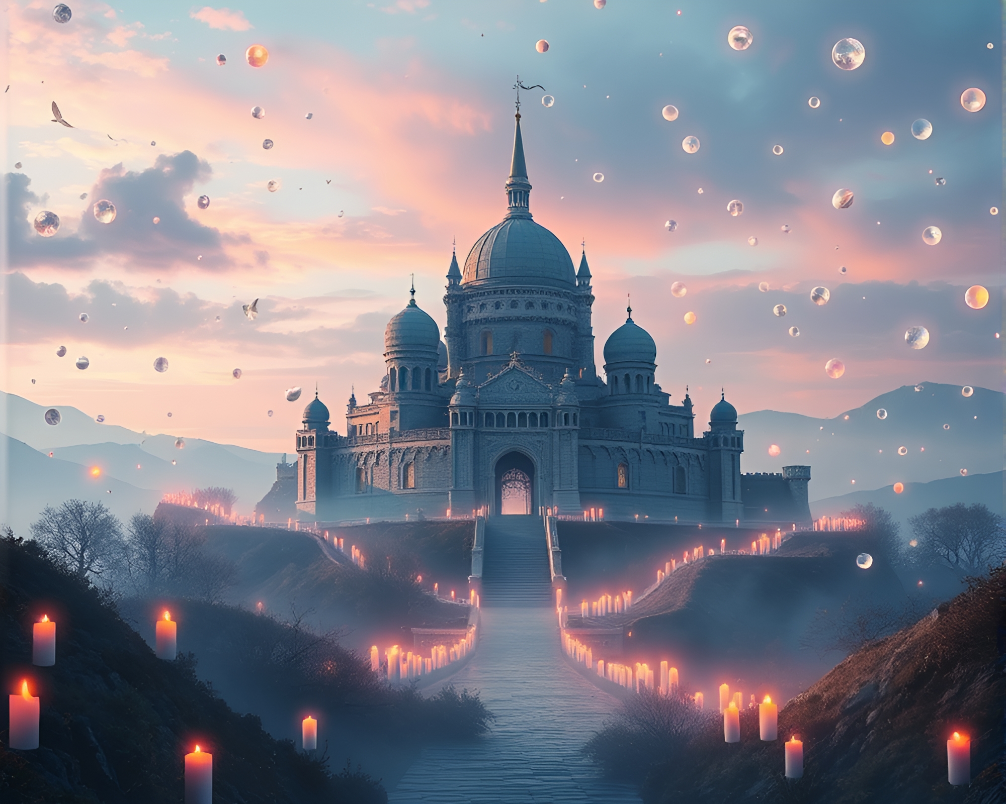 Ethereal Citadel Amid Floating Candles Photomontage Collage – free AI stock image