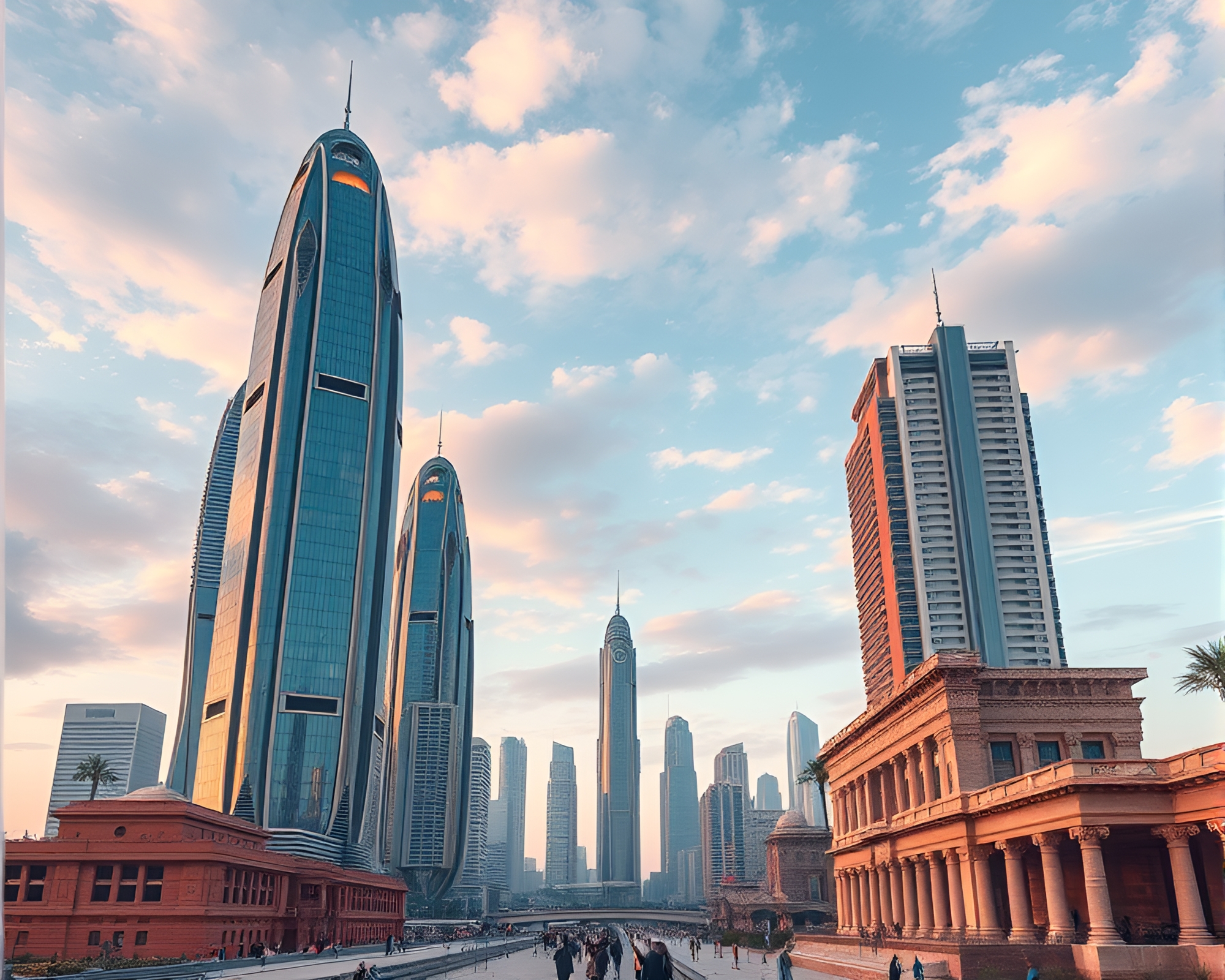 Futuristic Metropolis with Reflective Skyscrapers and Ancient Architecture – free AI stock image